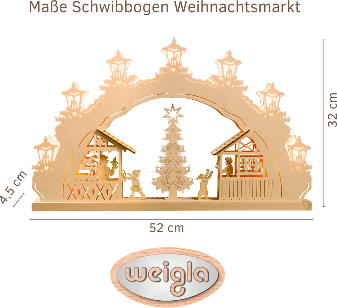 Weigla Schwibbogen »Weihnachtsmarkt, Lichterbogen aus Holz, NATUR«, Erzgebirge garantiert, Weihnachtsdeko Innen, Weihnachtsbeleuchtung