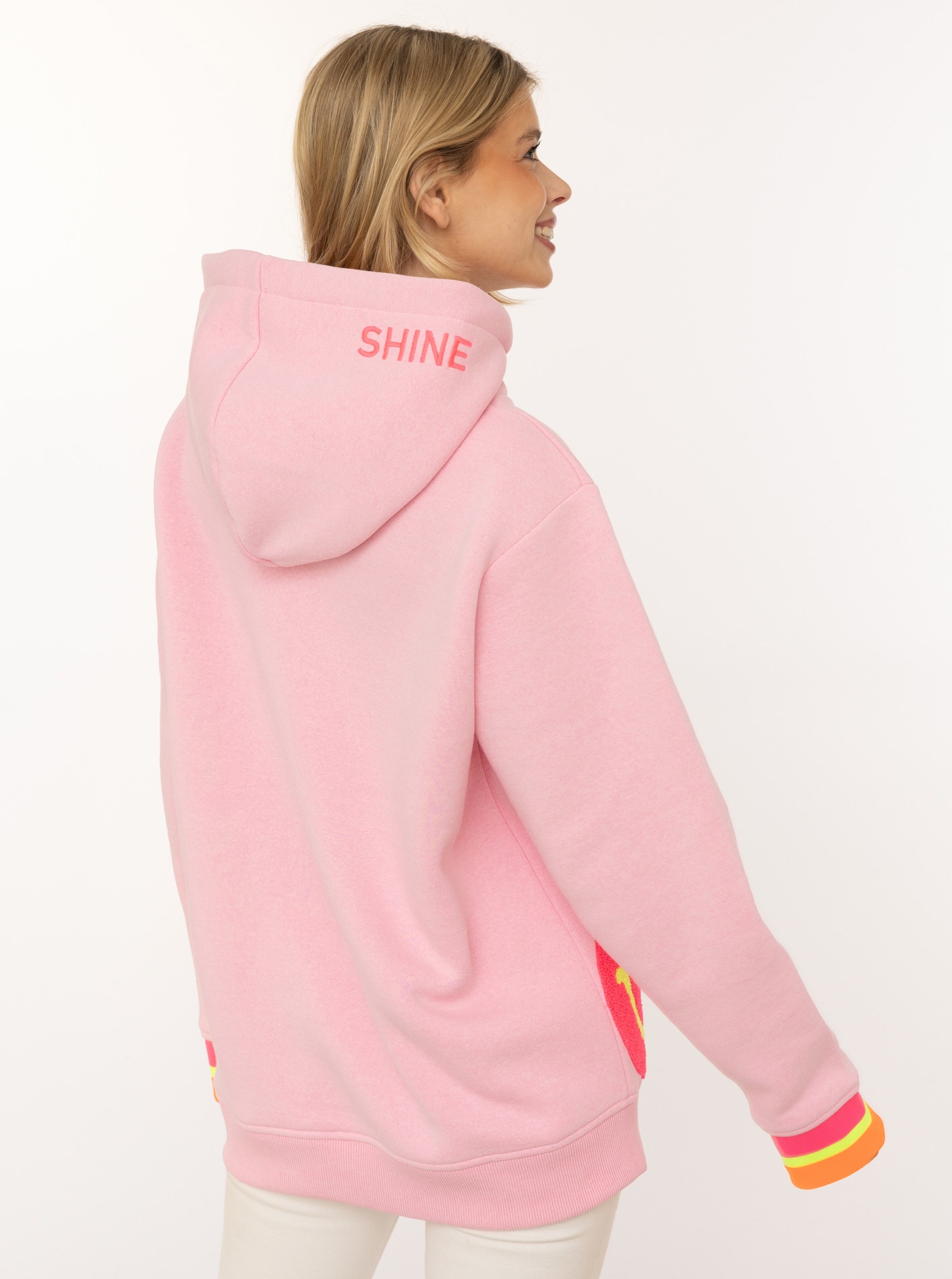 Zwillingsherz Hoodie »Always Happy«, Smiley aus Frottee, Neon-Details, Kapuze, Langarm
