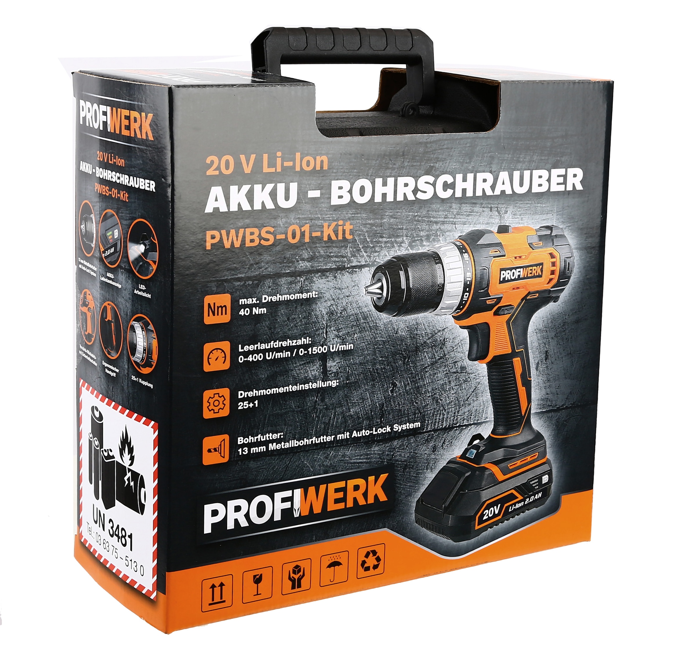 Profiwerk Akku-Bohrschrauber »PWBS-01-Kit 20V«, (2,0Ah Akku, Netzteil, Transportkoffer, Bit-& Bohrerset)