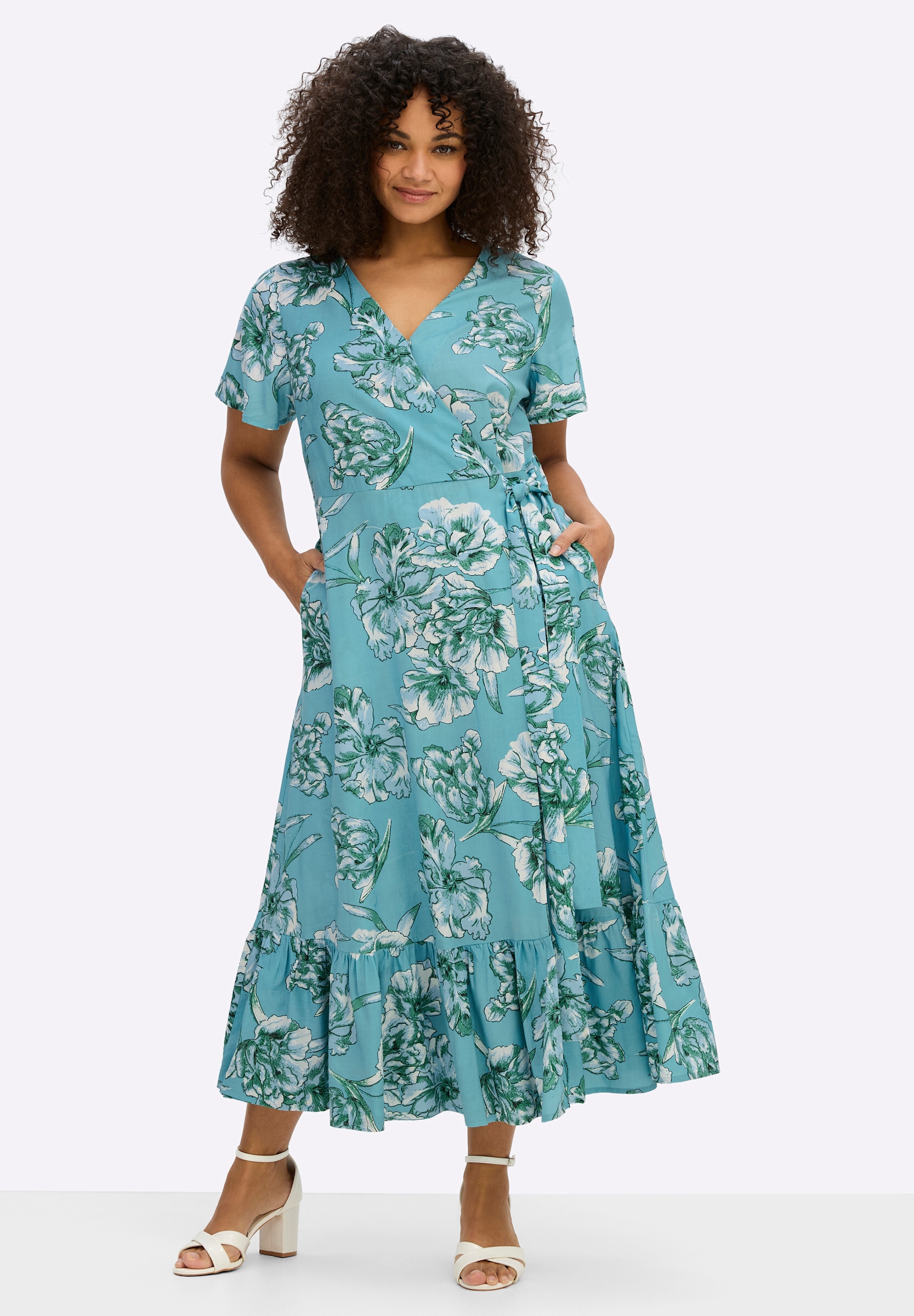 sheego by Joe Browns Wickelkleid »Kleid Wickelkleid mit Volant am Saum« Nahttasche