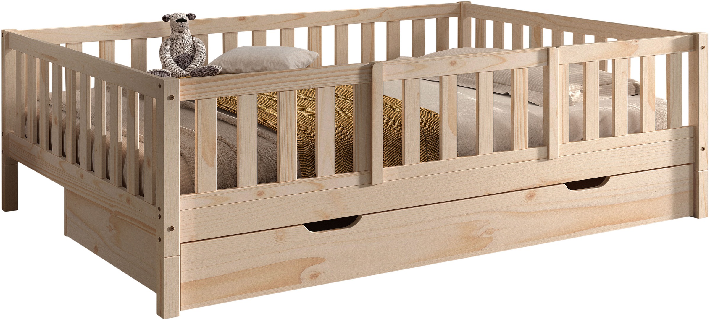 Vipack Daybett »Dallas Massiv Bett mit Rausfallschutz umbaubar vom Boden- zum Daybett« mit Bettschublade, wahlweise Kiefer massiv natur oder weiß