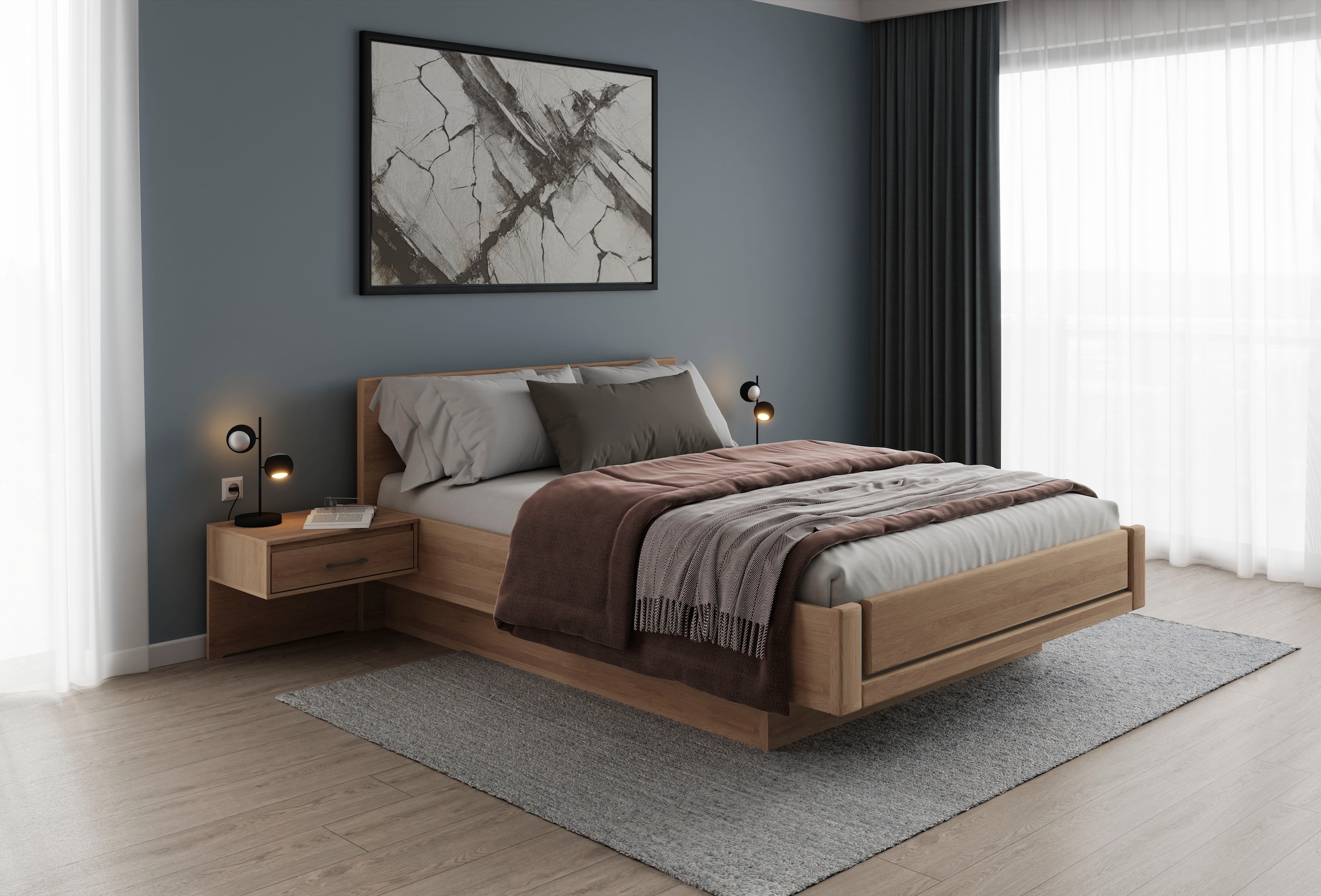 Musterring Holzbett »Sorrent, Bettgestell, Bettrahmen, teilmassiv Eiche«, (MADE IN GERMANY), Eiche teilmassiv, Liegehöhenverstellung, in schwebender Optik