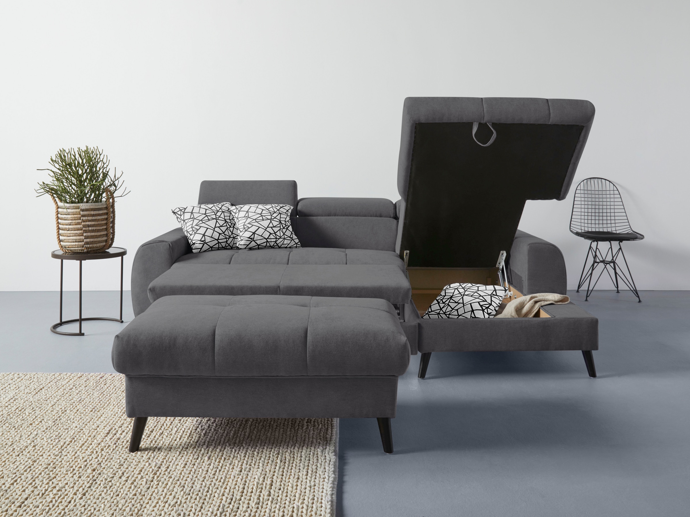 COTTA Ecksofa »Mia L-Form mit 3 Zierkissen«, wahlweise mit Bettfunktion, Bettkasten, Beleuchtung & Wireless-Charger