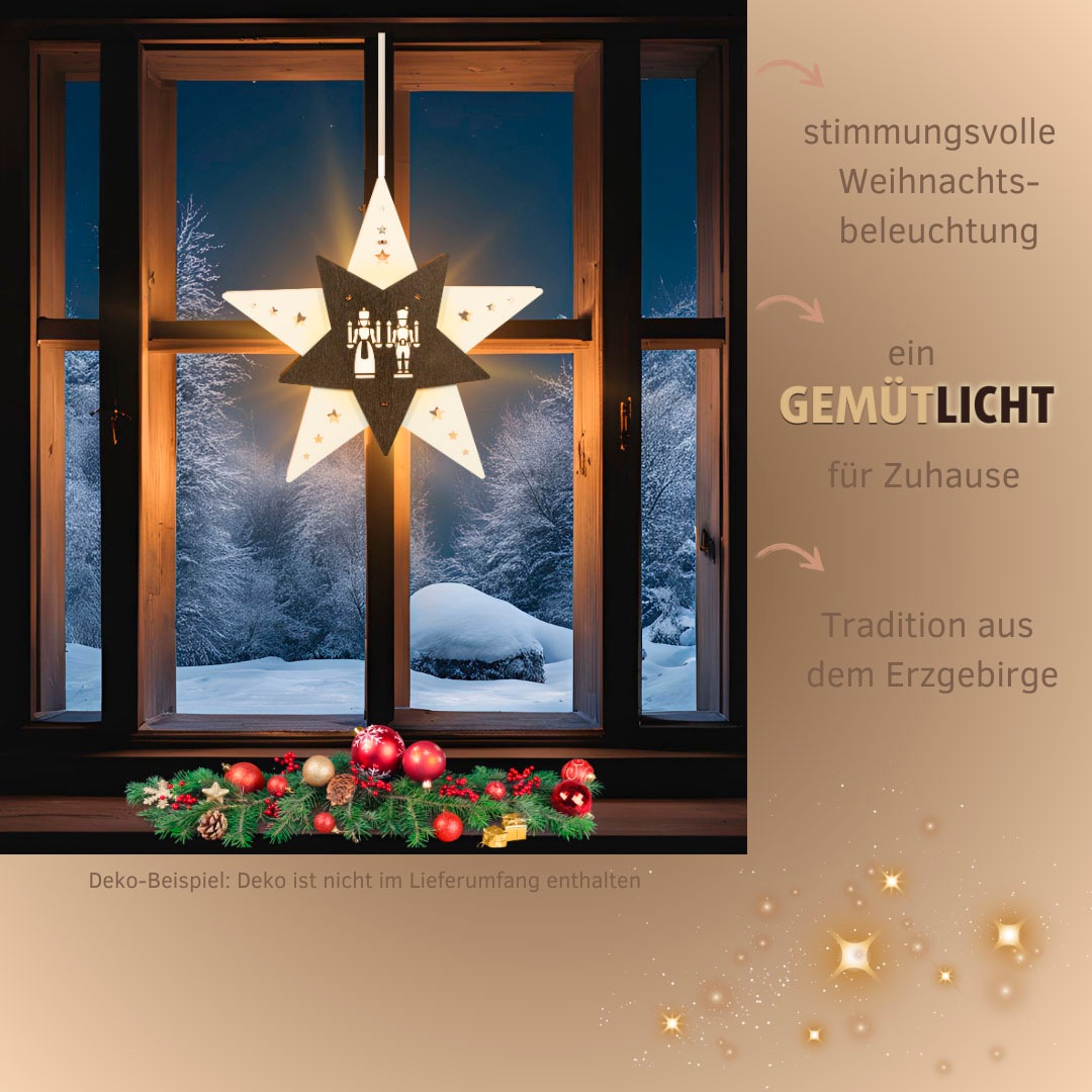 Weigla Dekostern »LED Engel und Bergmannn, beleuchtetes Fensterbild, WEIẞ-BRAUN«, (1 St.), Erzgebirge garantiert, Weihnachtsdeko Innen, Weihnachtsbeleuchtung