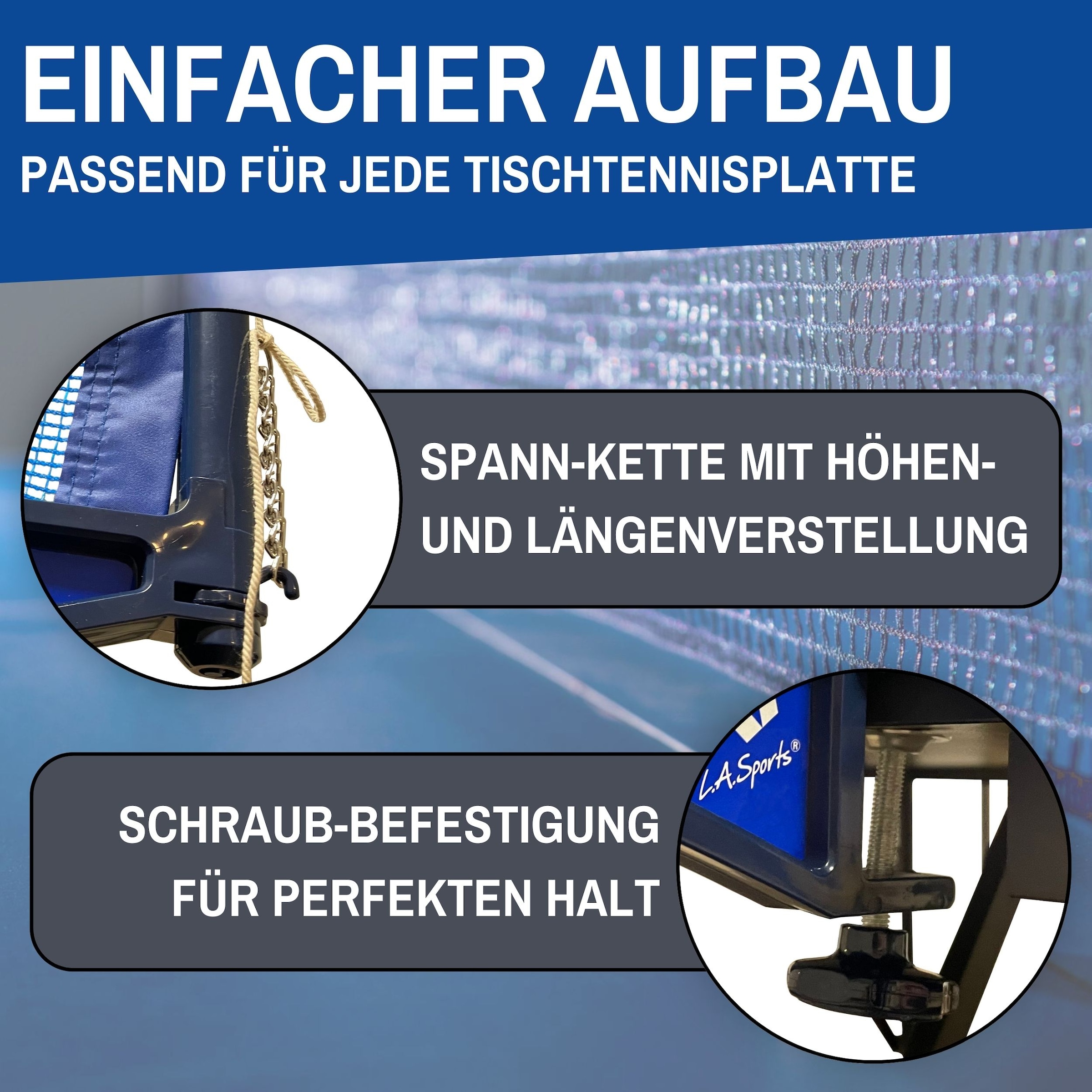 L.A. Sports Tischtennisnetz »Netzgarnitur wetterfest geeignet für Plattenstärke bis 4,9 cm«, (Set, mit Pfosten, Netz, Spannkette und Netzlehre), Höhenverstellbar mit Drehmechanismus