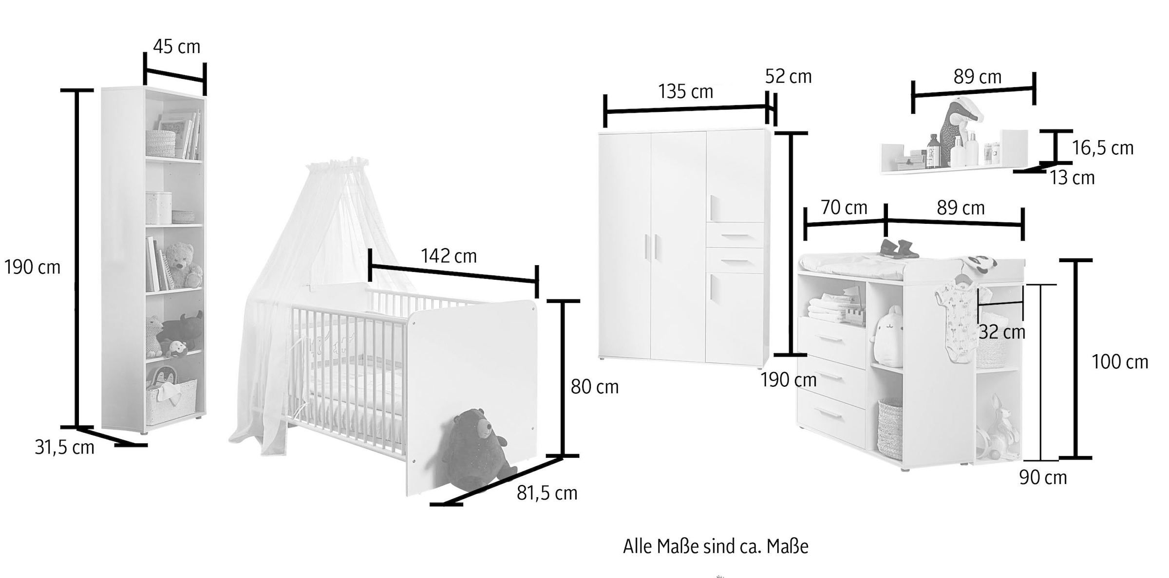 BMG Möbel Babyzimmer-Komplettset »Lea«, (Set, 7 tlg., Bett, Wickelkommode, Schrank, Standregal, Unterstellregal, Wandboard), Bett + Wickelkommode + 4-trg. Schrank + Standregal + Unterstellregal