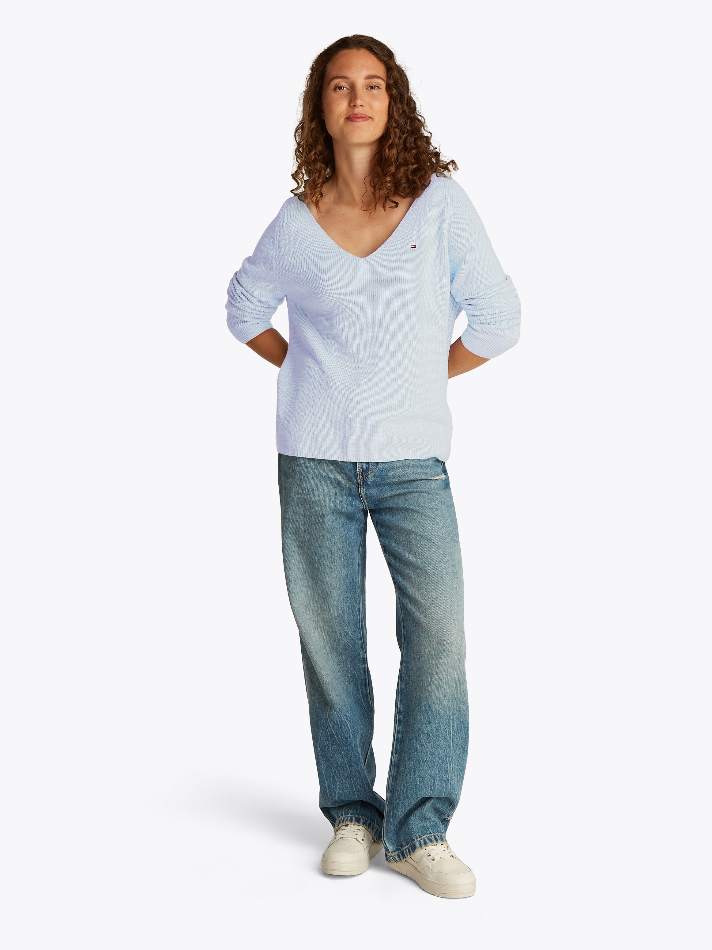 Tommy Hilfiger Strickpullover »CO CARDI STITCH V-NK LS«, mit Logostickerei