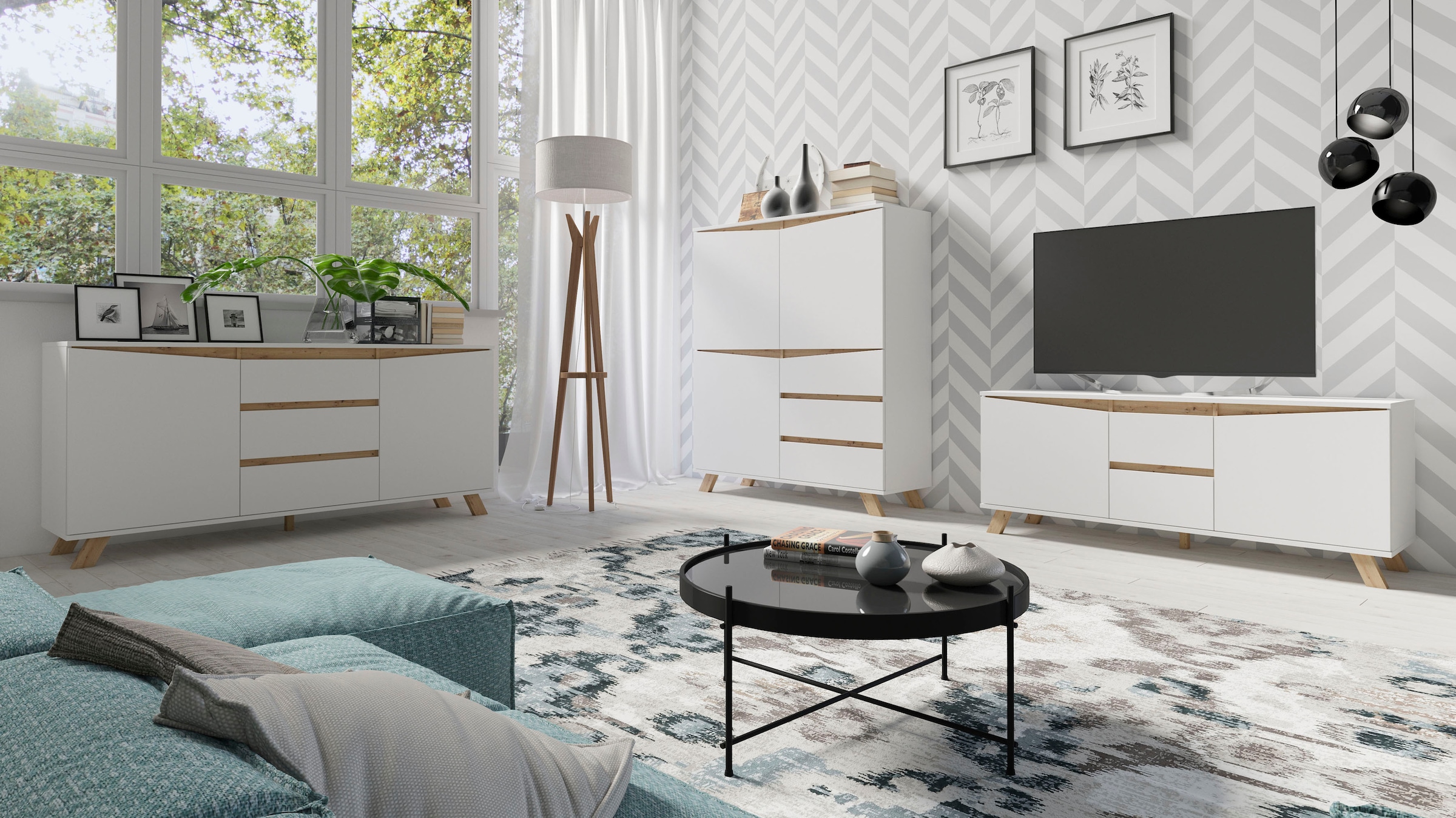 INOSIGN Highboard »Valentin«, 3 Schubkästen und 3 Türen, Breite 120cm in modernem Scandi - Design