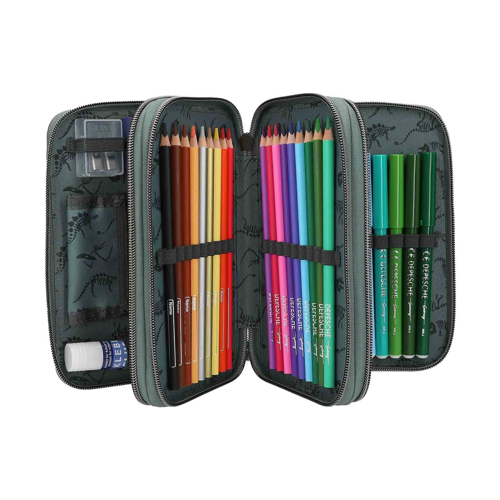 Depesche Buntstift »3-Fach Federtasche BITE inkl. Stifte Dino World 20 x 13 x 7,5 cm grau-grün«