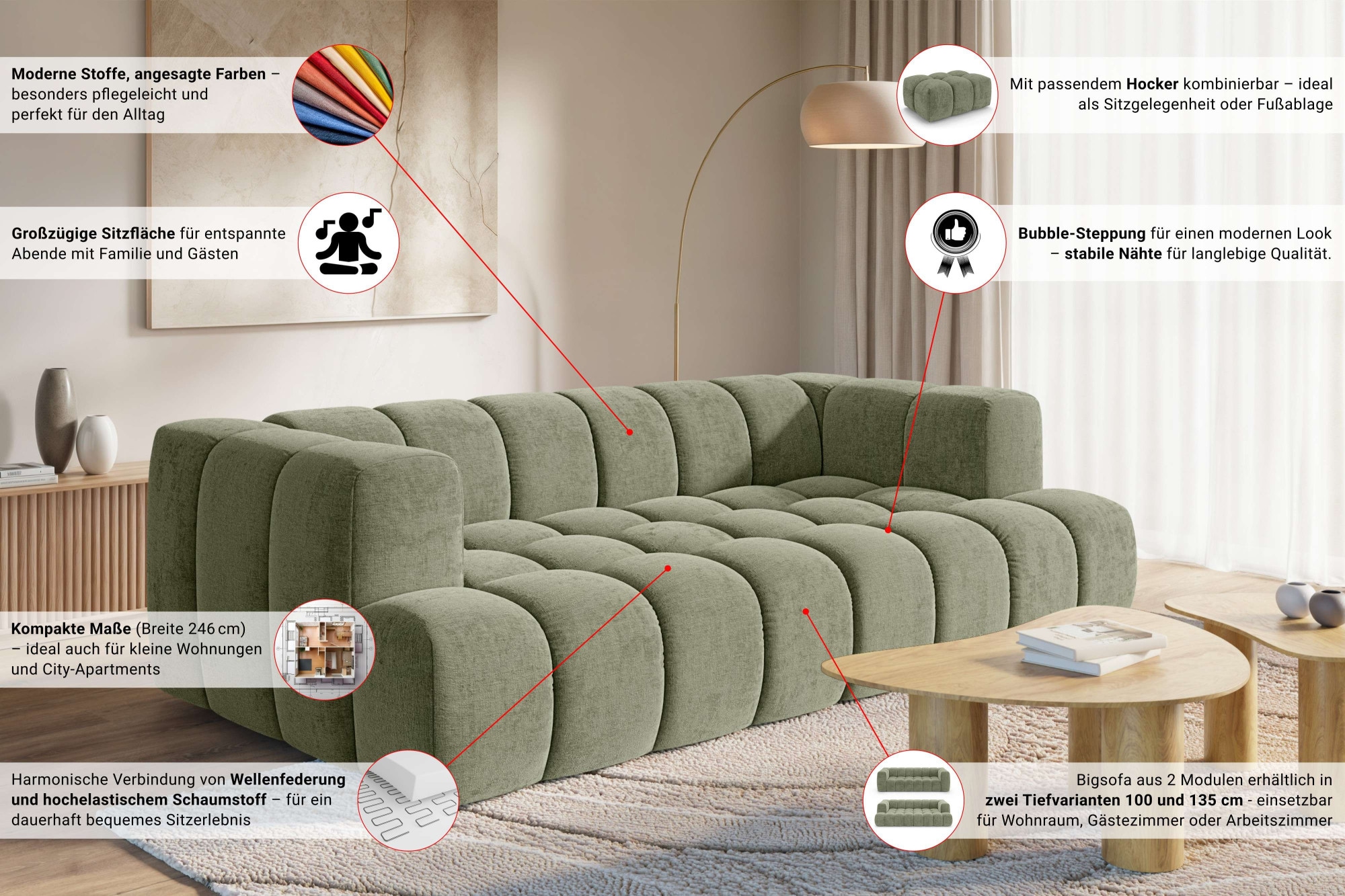 homsy by Ana Johnson Big-Sofa »XL BOUBELLE Design-Sofa extra tief, Bubble-Optik, Breite 246 cm« 4-Sitzer mit Wellenunterfederung, gemütlich und modern, mit Steppung