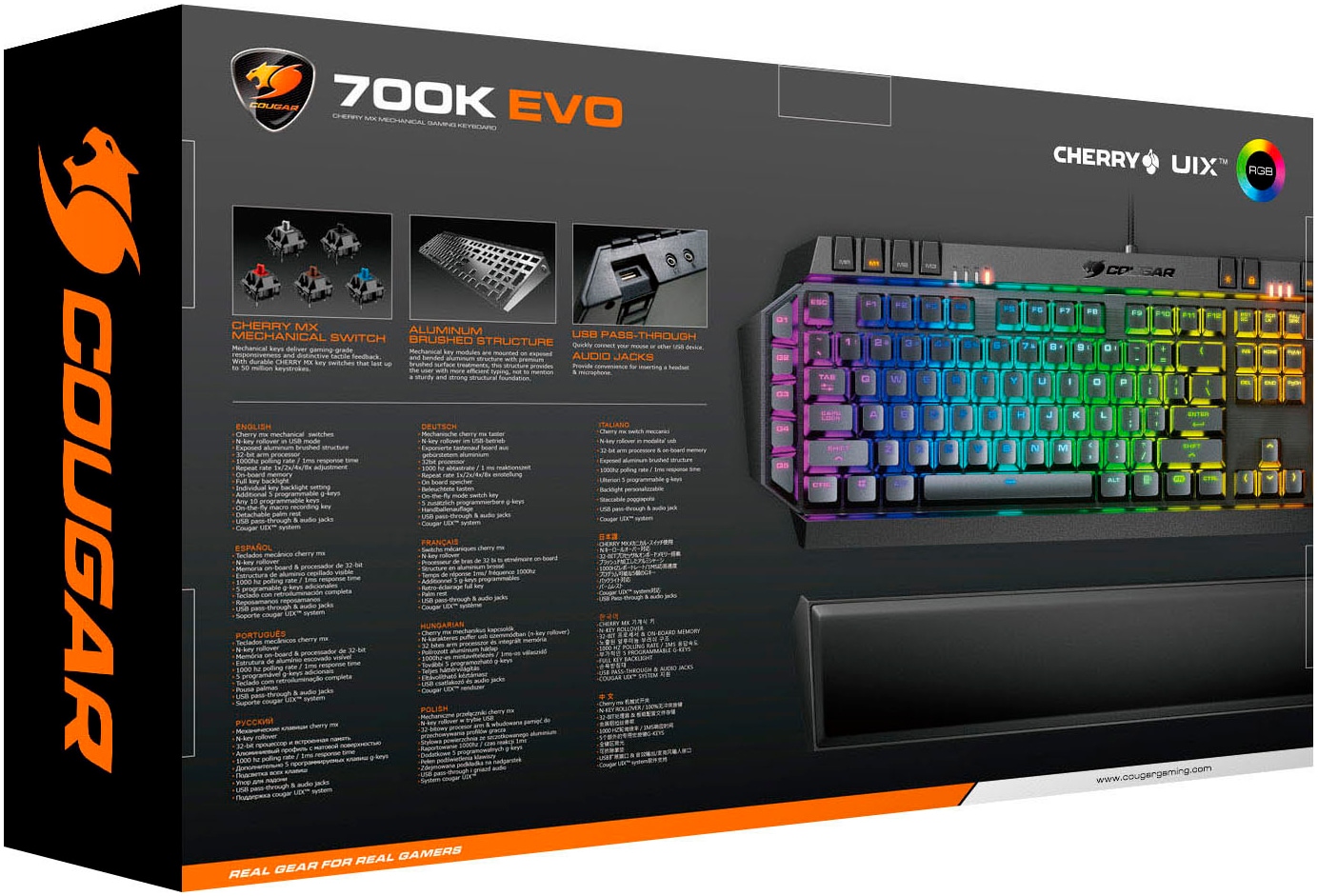 Cougar Gaming-Tastatur »700K EVO Mechanisch«, (Easy-Switch-Fn-Tasten-Handgelenkauflage-Lautstärkeregler-Makro-Tasten-Multimedia-Tasten-USB-Anschluss-Windows-Sperrtaste-Ziffernblock-programmierbare G-Tasten-ergonomische Form), CHERRY RGB MX-Tasten