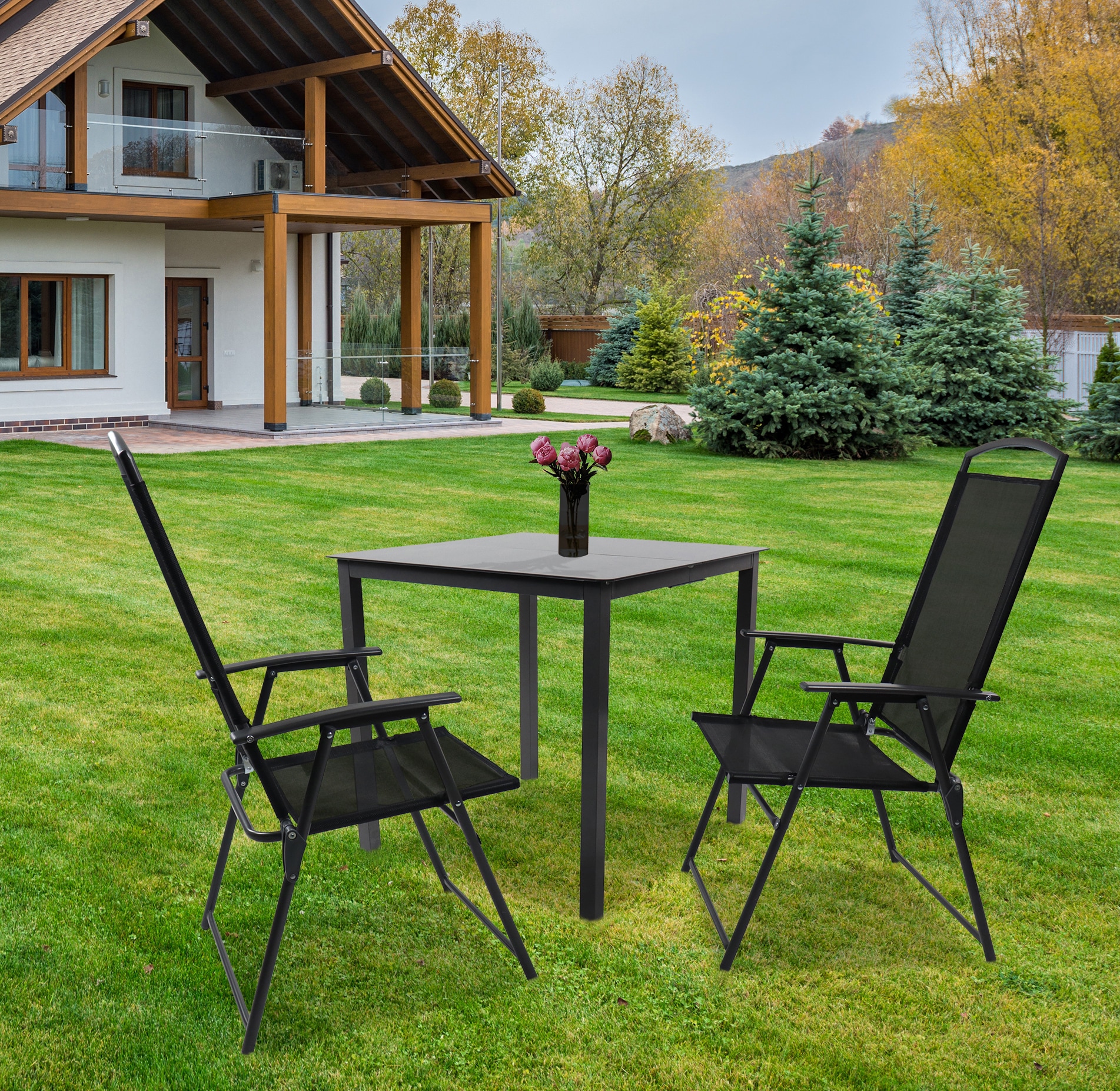 VCM Garten-Essgruppe »VCM 3-tlg Gartenmöbel Set | Sitzgruppe Essgruppe | 1x Tisch, 2x Stühle | Tisch Maße ca. H. 76 x B. 80 x T. 80 cm | Hochlehner Set 80S«, (3 tlg., 80S)