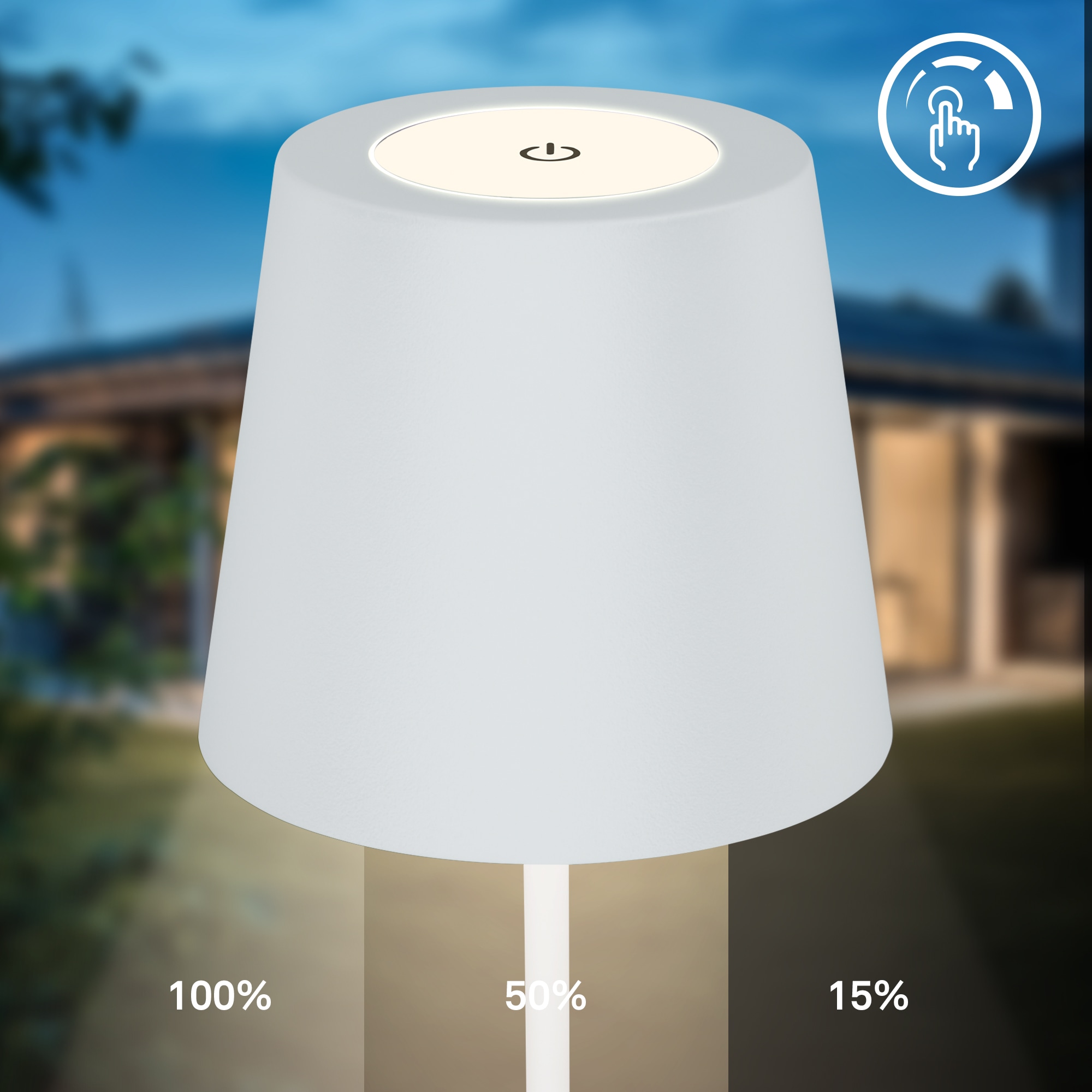 B.K.Licht Außen-Tischleuchte »BK_TL1594 Akku LED Tischlampe, 3-Stufen Touchdimmer, mit USB« LED-Modul 1 Stk. Extra-Warmweiß 2.700 K, 200 Lm, 2,5W, IP44, 12h Leuchtdauer, 36 x 10,5 cm, Weiß