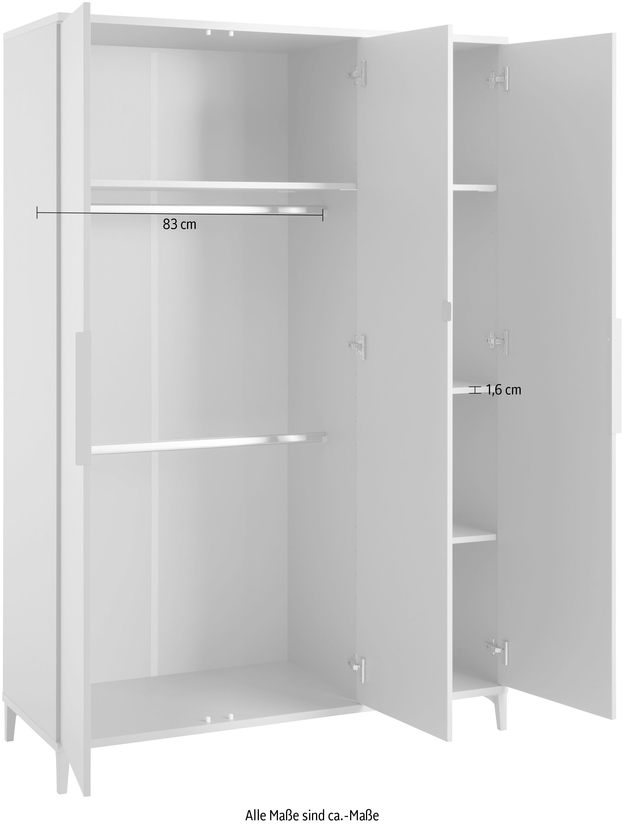 YUNY by PAIDI Kleiderschrank »BROTHER STU mit 3 Türen, inklusive 4 Einlegeböden und 2 Kleiderstangen«, (B/H/T ca. 130x195x52cm, Taupe), yuny by PAIDI