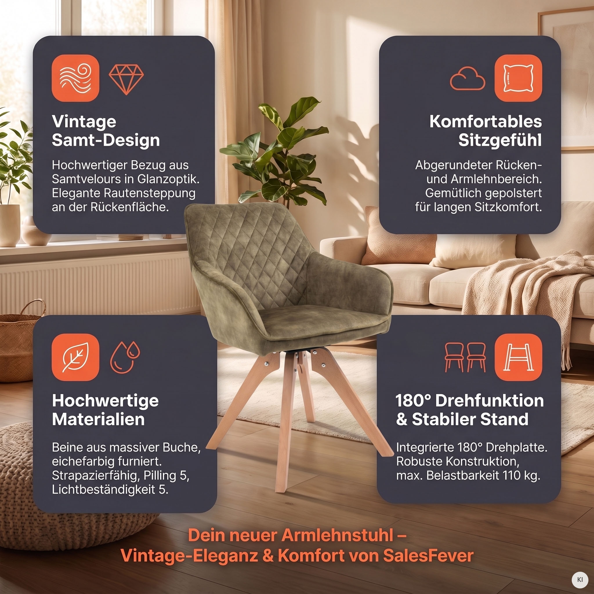 SalesFever Armlehnstuhl »Växjö - Esszimmerstuhl Komfort und Stil« () 1 Stk.Sitzkomfort neu definiert: 180° Drehplatte inklusive!