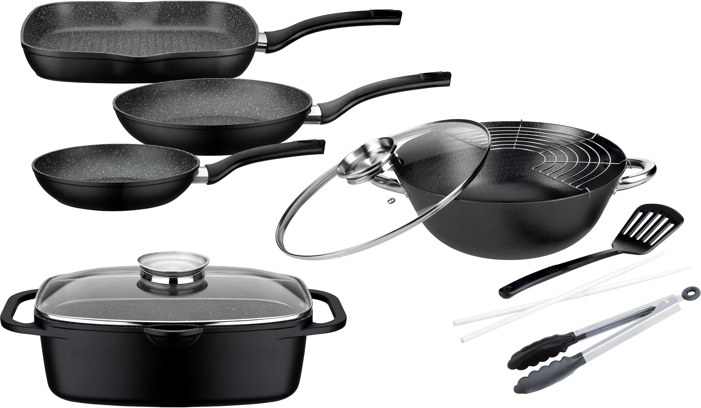 GSW Topf-Set »Gourmet OTTO Shop im Aluminiumguss, Multi-Wok, tlg., Bräter, Online (3 Induktion Pfannen, Pfannenwender), Kochzange, Granit«, (Set, 7 1 1 1 1