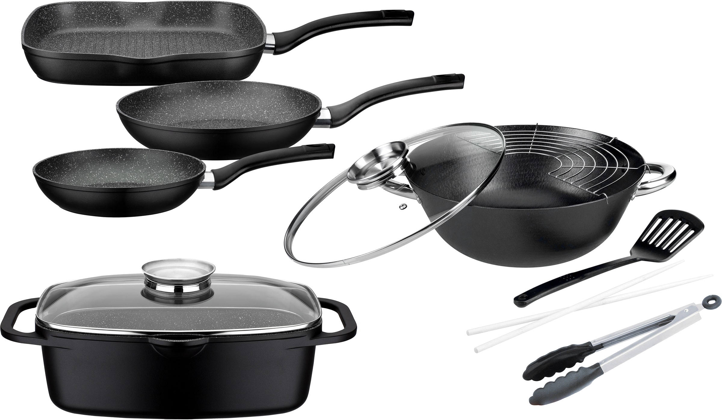 GSW Topf-Set »Gourmet Granit«, Aluminiumguss, (Set, 7 tlg., (3 Pfannen, 1 Bräter, 1 Multi-Wok, 1 Kochzange, 1 Pfannenwender)), Induktion