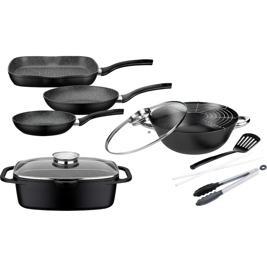 GSW Topf-Set »Gourmet Granit«, Aluminiumguss, (Set, 7 tlg., 3 Pfannen, 1 Bräter, 1 Multi-Wok, 1 Kochzange, 1 Pfannenwender)