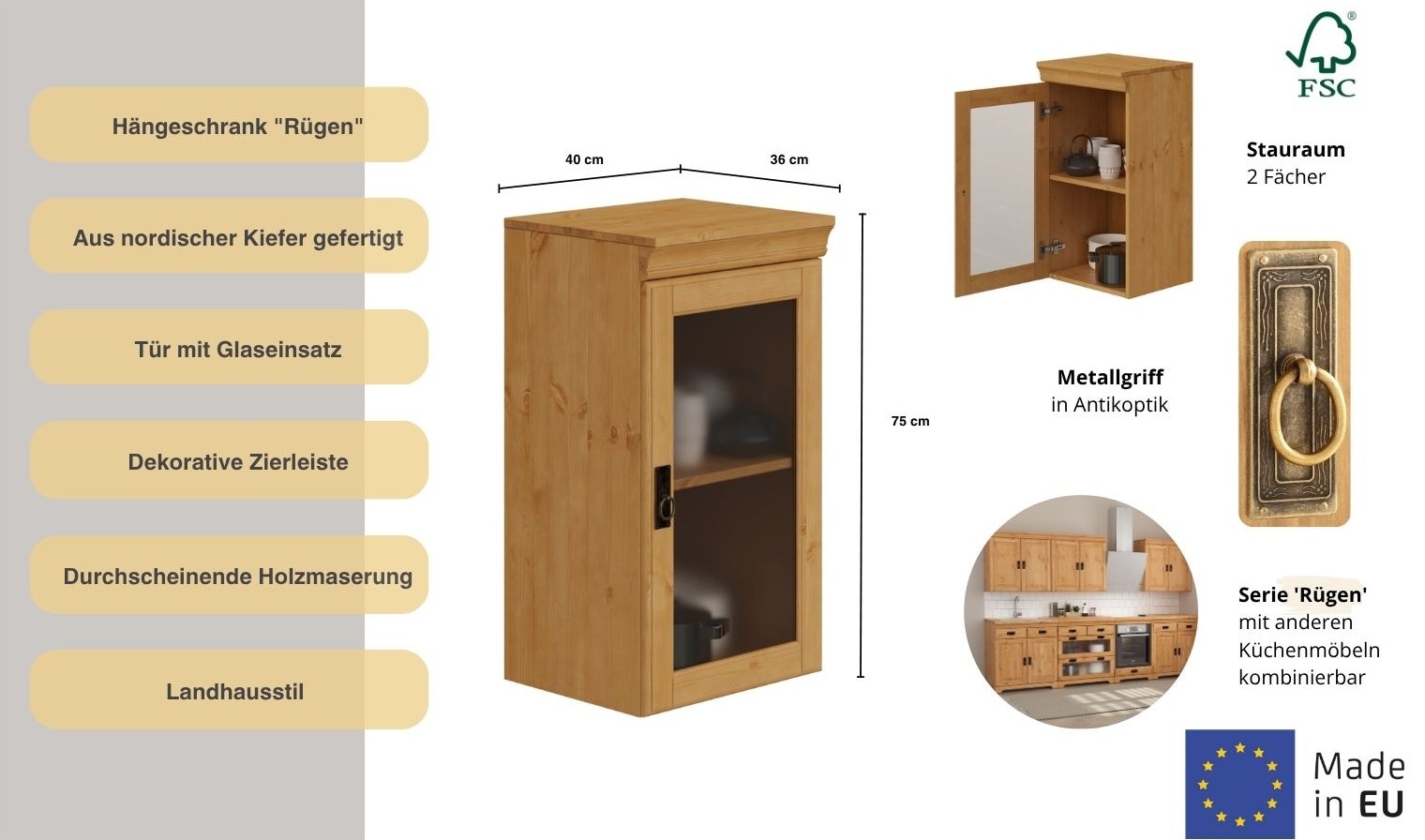 Home affaire Hängeschrank »Rügen«, Breite 40 cm, FSC® zertifiziertes Massivholz, Tür mit Glaseinsatz