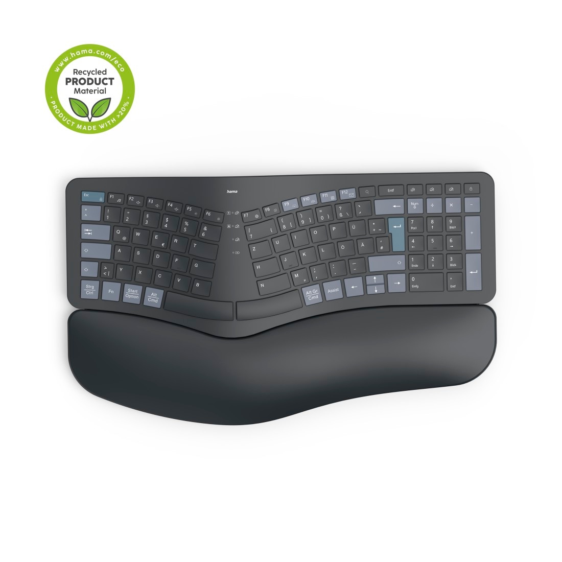 Hama ergonomische Tastatur »Ergonomische Tastatur (kabellos, Multi Device, 2x Bluetooth, 1x Funk)« (Handgelenkauflage | ausklappbare Füße)