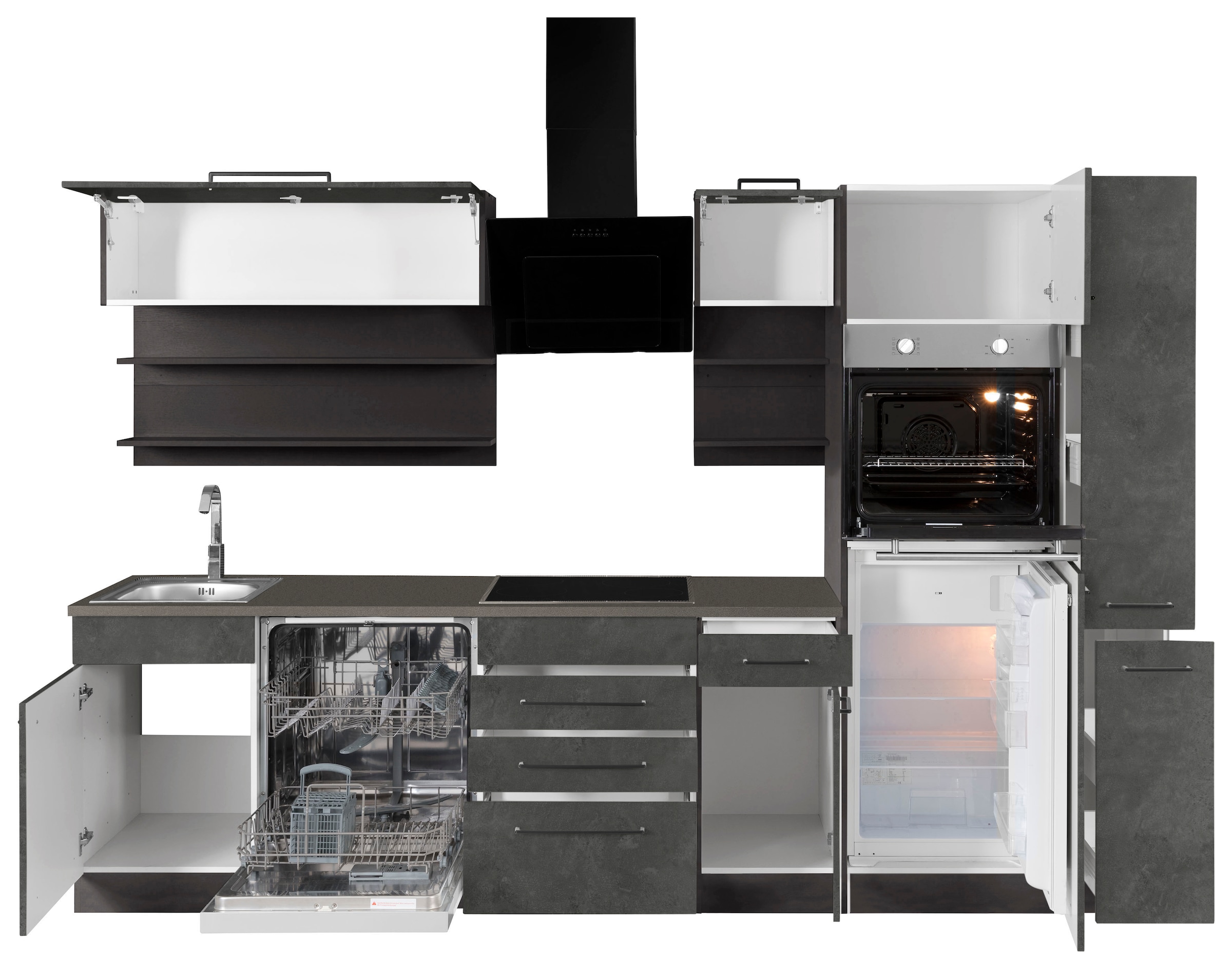 KOCHSTATION Küchenzeile »KS-Tulsa«, mit E-Geräten, Breite 300 cm, schwarze Metallgriffe, MDF Fronten