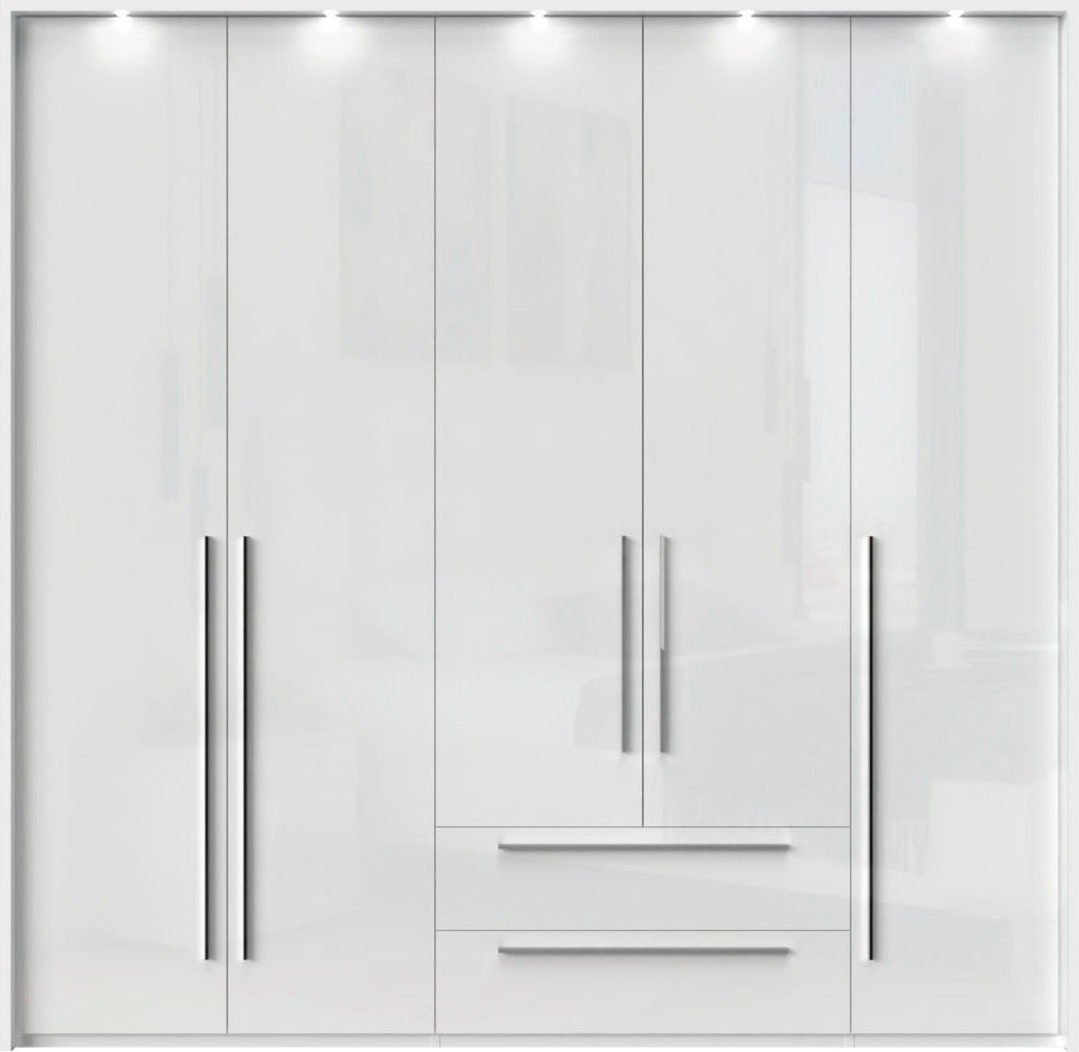 Places of Style Drehtürenschrank »Piano, inklusive Rahmen und Beleuchtung, soft-close-Funktion«, (viele Breiten zur Auswahl, 226cm hoch, mit jeweils 2 Schubladen), beige oder weiß, UV lackiert, Hochglanzfronten, FSC-zertifiziert