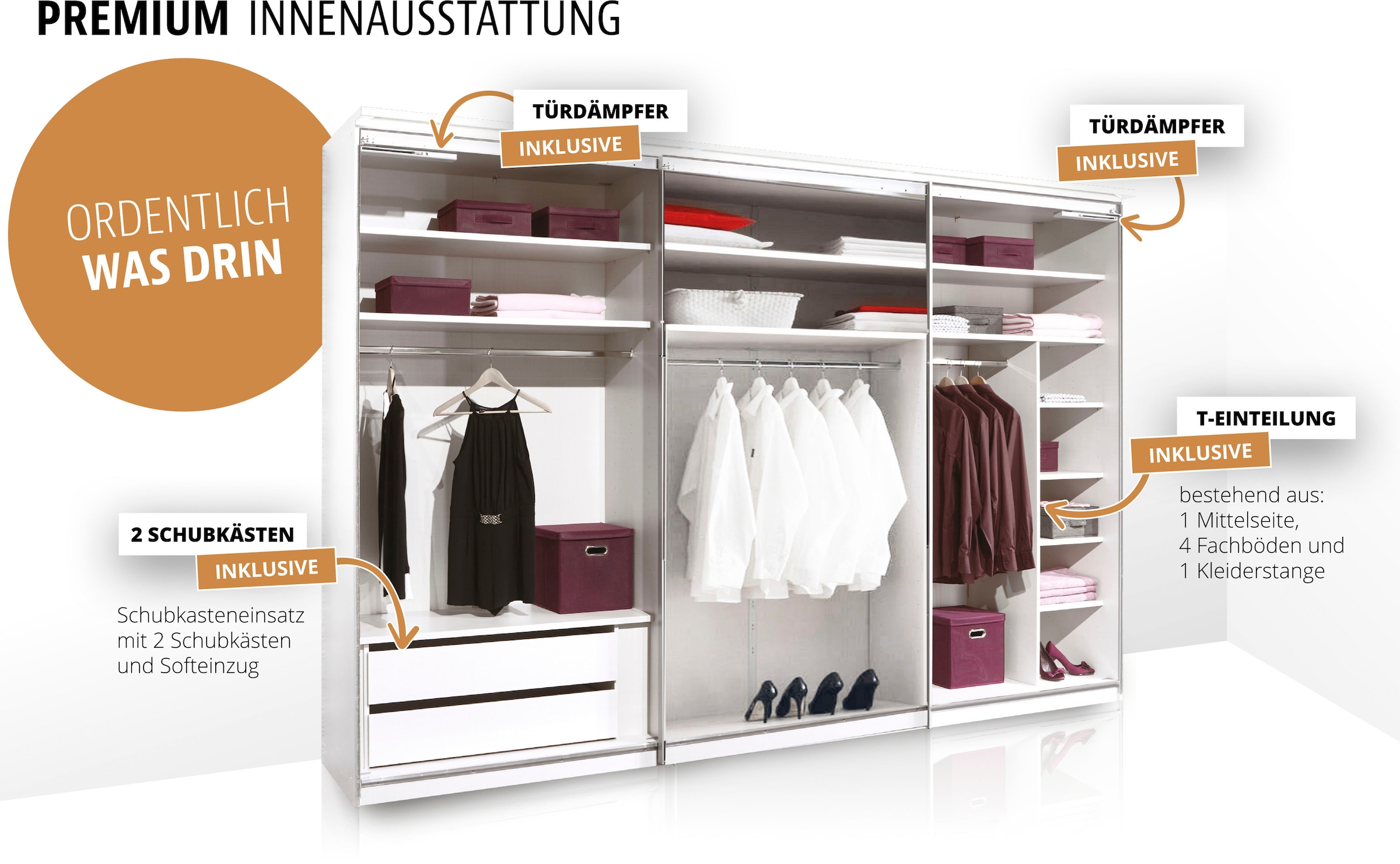 STAUD Schwebetürenschrank »Includo, Made in Germany« Mit Spiegeltüre und vier verschiedenen Ausstattungsvarianten