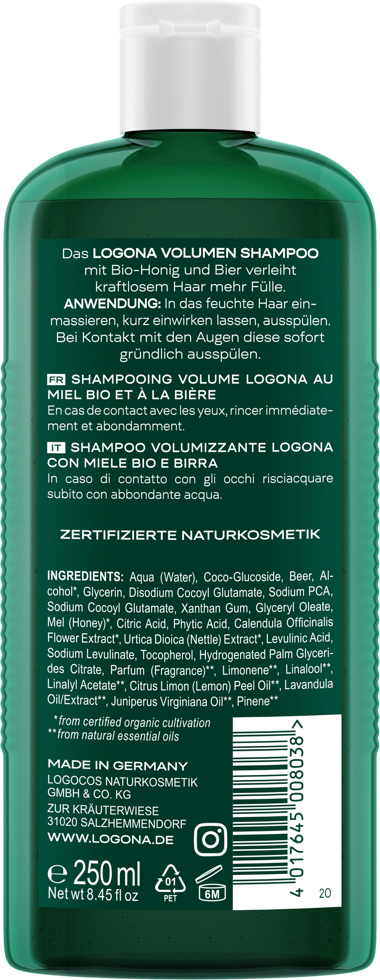LOGONA Haarshampoo »VOLUMEN SHAMPOO BIO-HONIG & BIER« für feines Haar, volumenverstärkend