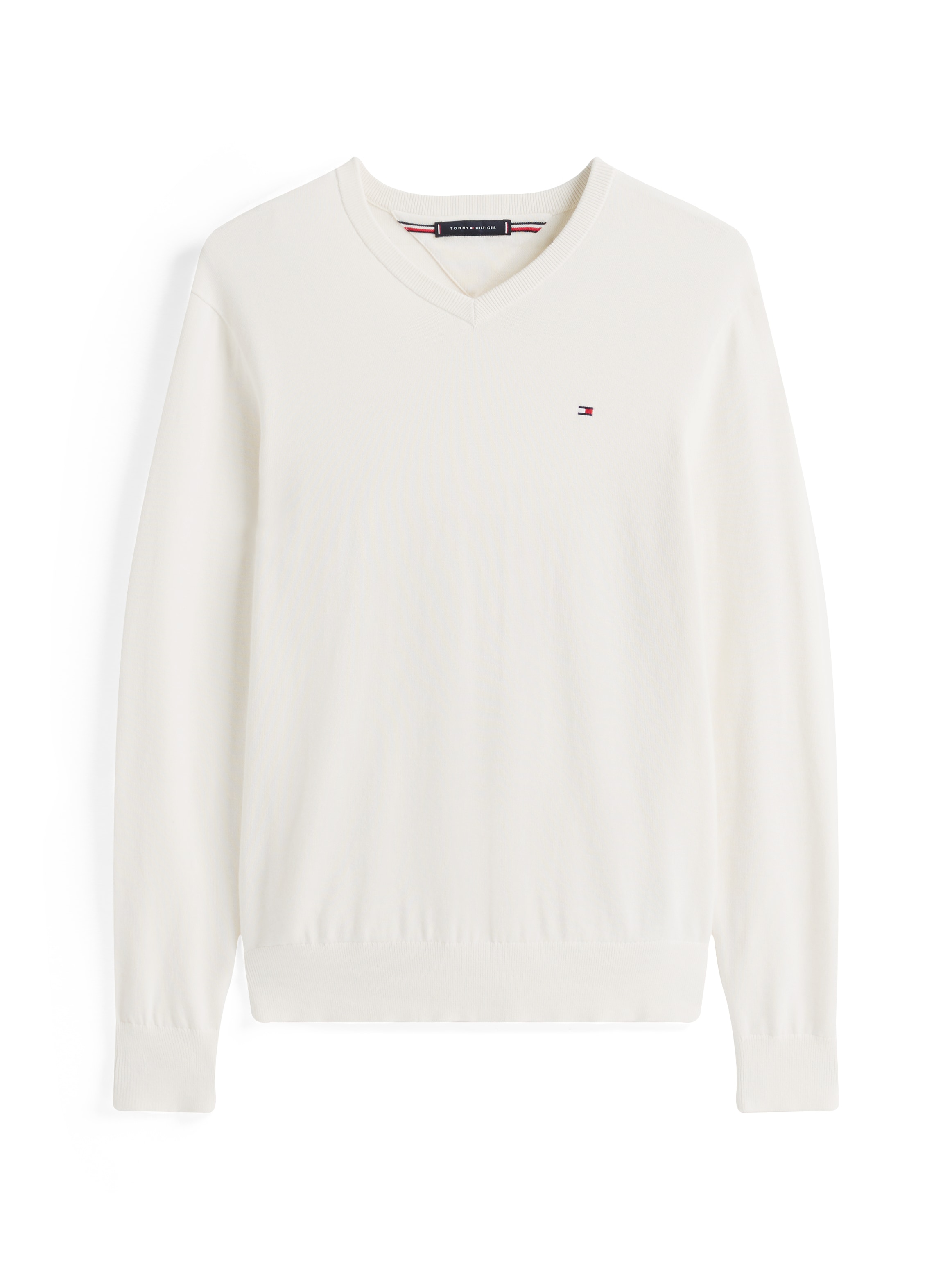 Tommy Hilfiger Strickpullover »ESSENTIAL COTTON V NECK mit V-Ausschnitt und Stickerei«, unifarben, casual, regular fit, Baumwolle, V-Ausschnitt