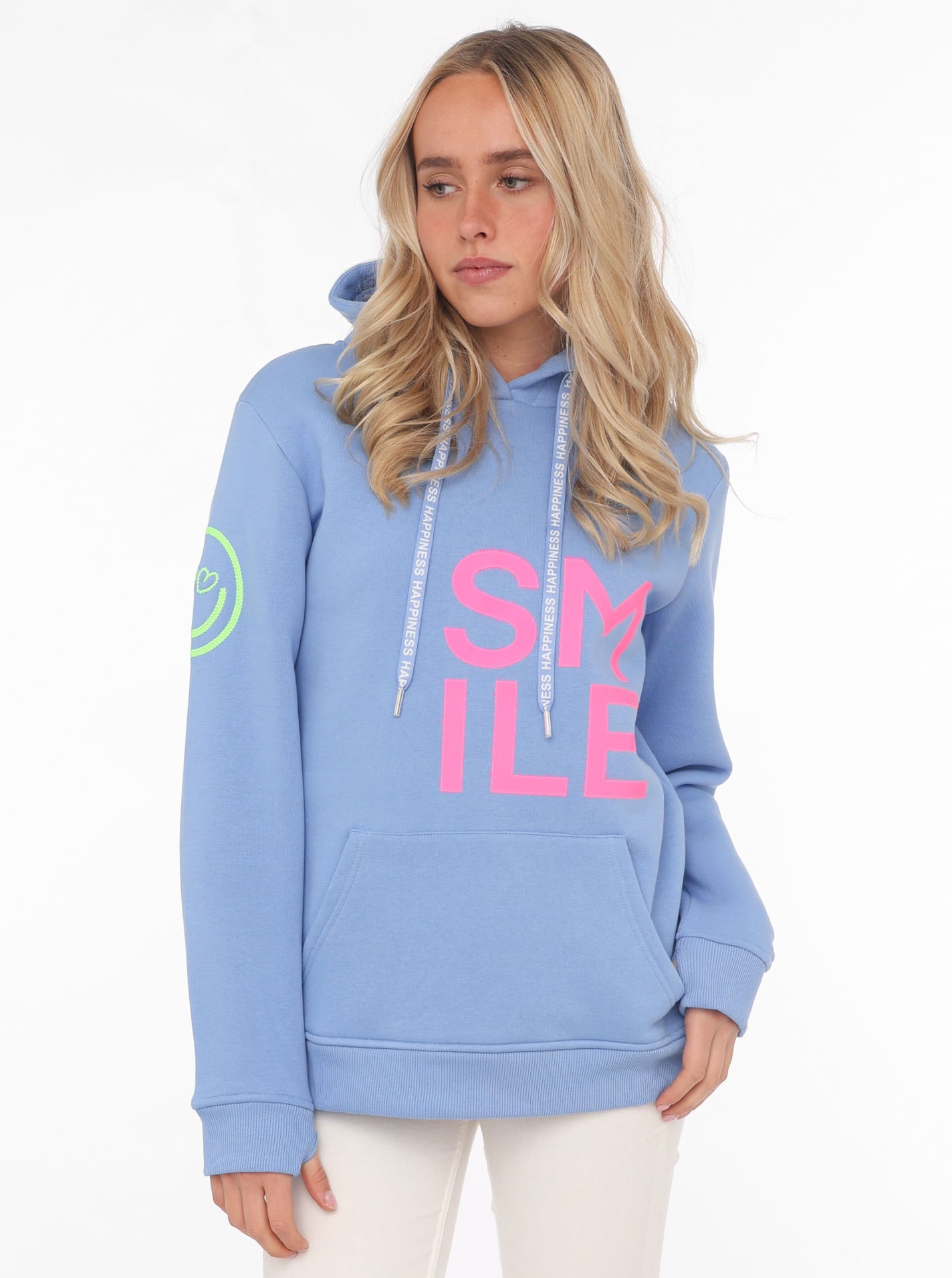 Zwillingsherz Sweatshirt, mit "Smile"-Aufdruck in Neonfarben und gesticktem Smiley am Ärmel