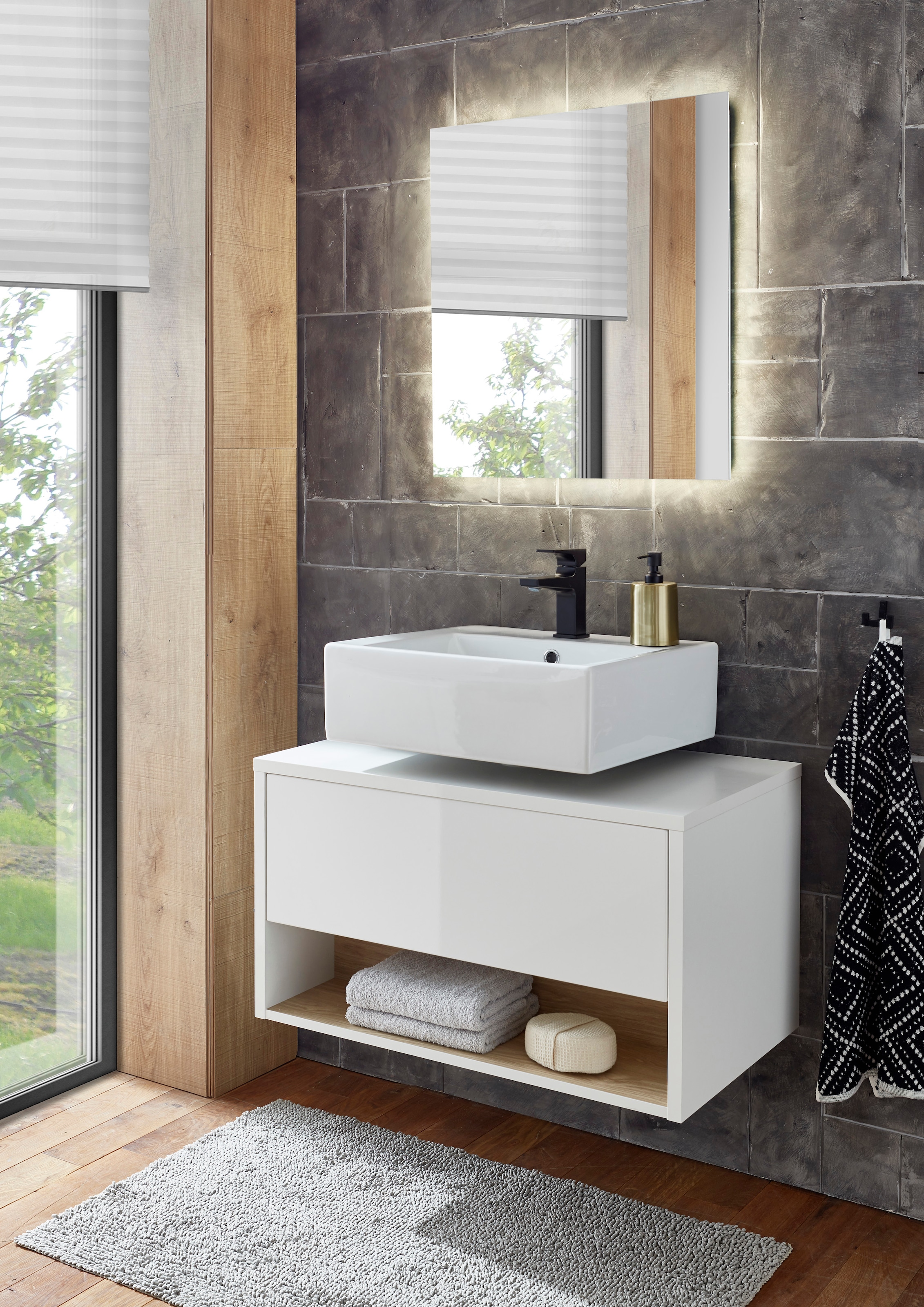 Places of Style Badmöbel-Set »Studio Line, Bad im modernen Design, 2-teiliges Badezimmer«, (2 St.), Unterschrank und Spiegel, in zwei Farben verfügbar, viel Stauraum
