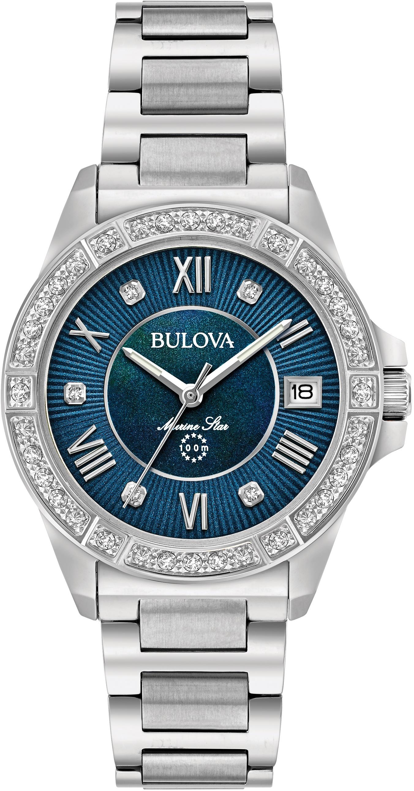 Bulova Quarzuhr »Marine Star, 96R215«, Armbanduhr, Damenuhr, Edelstahlarmband, mit Diamanten, Saphirglas