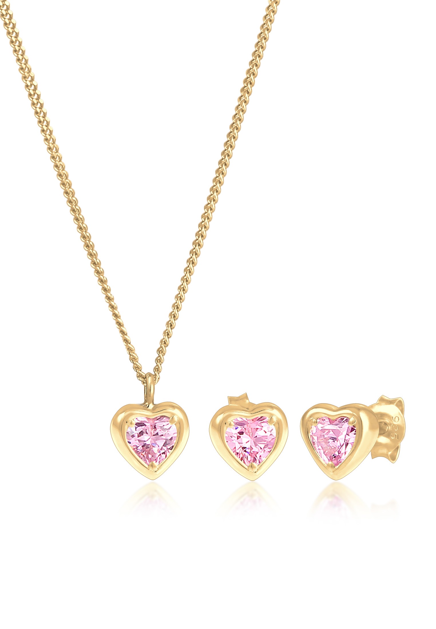 Elli Ohrring und Ketten Set »Schmuckset Kinder Kette Stecker Herz Zirkonia Rosa 925 Silber«