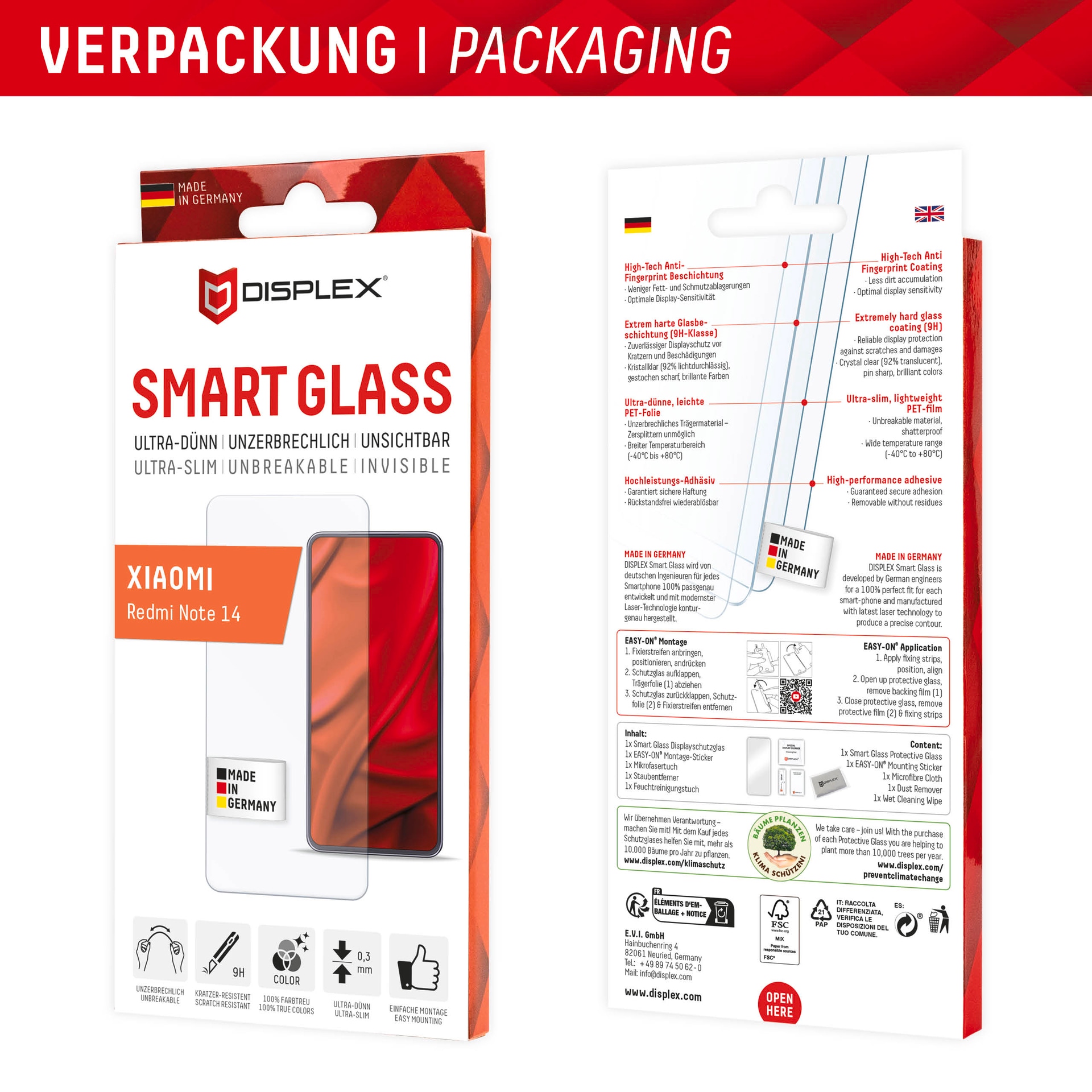 Displex Displayschutzglas »Smart Glass Screen Protection - ultra-dünn, unzerbrechlich, unsichtbar«, für Xiaomi Redmi Note 14, Displayschutzfolie, Schutzfolie, Bildschirmschutz, kratz- & stoßfest