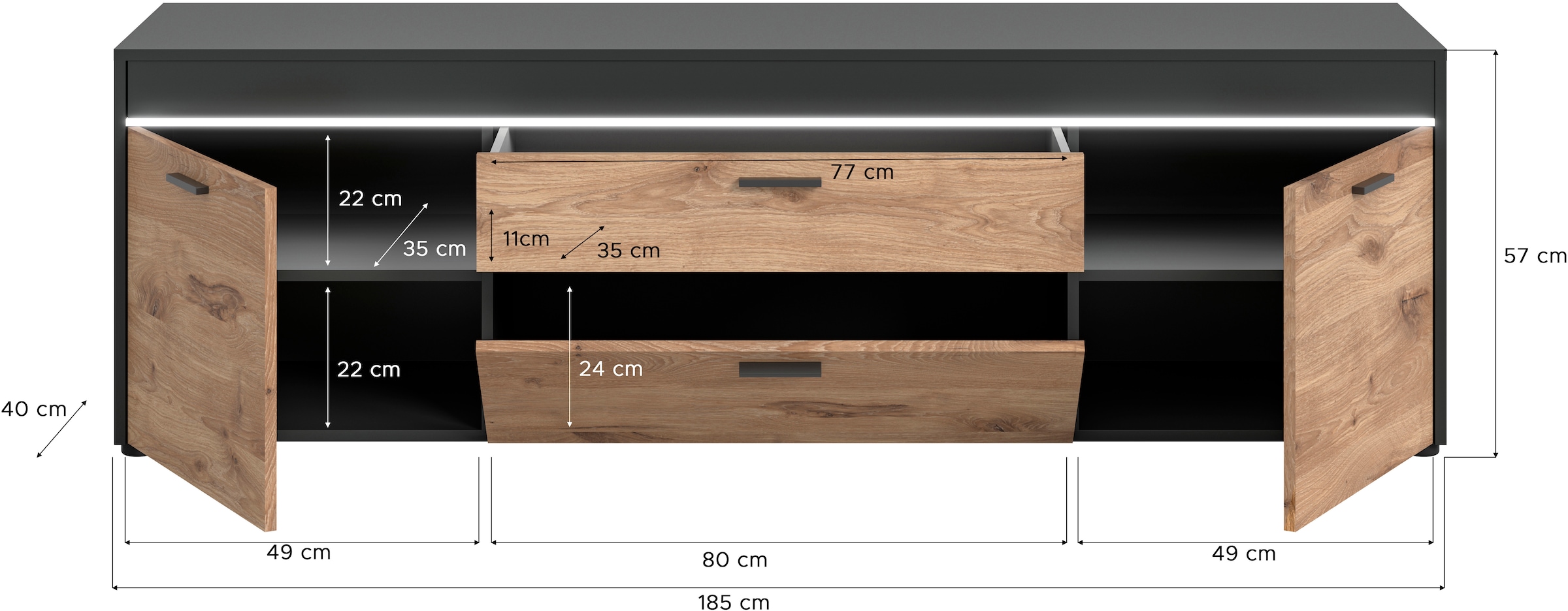 INOSIGN Lowboard »Utgard«, Breite 185 cm, TV-Board, TV Schrank, Mediaboard inkl. Frontbeleuchtung