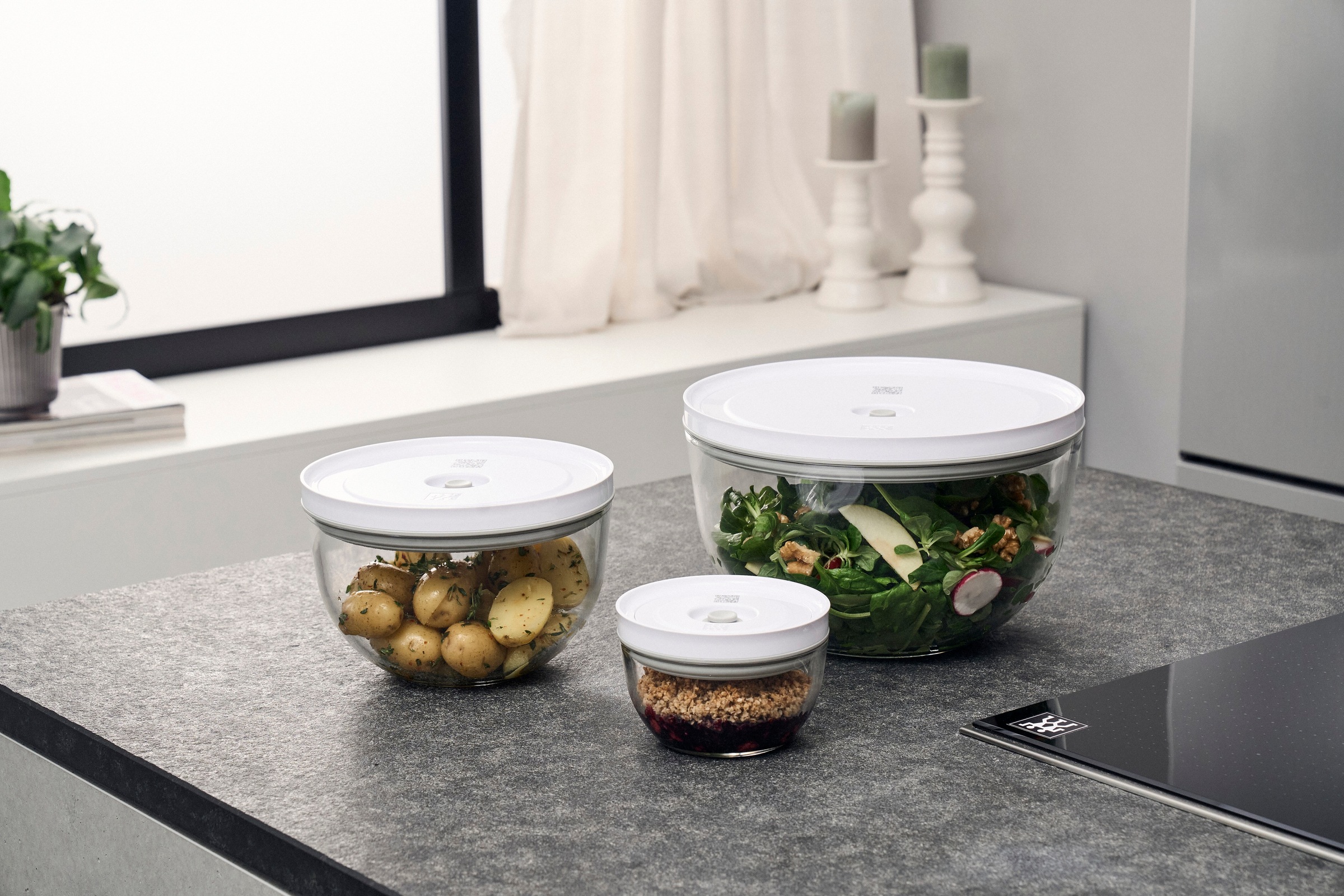 Zwilling Aufbewahrungssystem »Fresh & Save BOWLS«, (Set, 6 tlg., 1 Vakuumschüssel + Deckel (S / 12 cm), (M / 18 cm) + (L / 24 cm), Vakuumschüssel Set S/M/L / 6-tlg., Glas