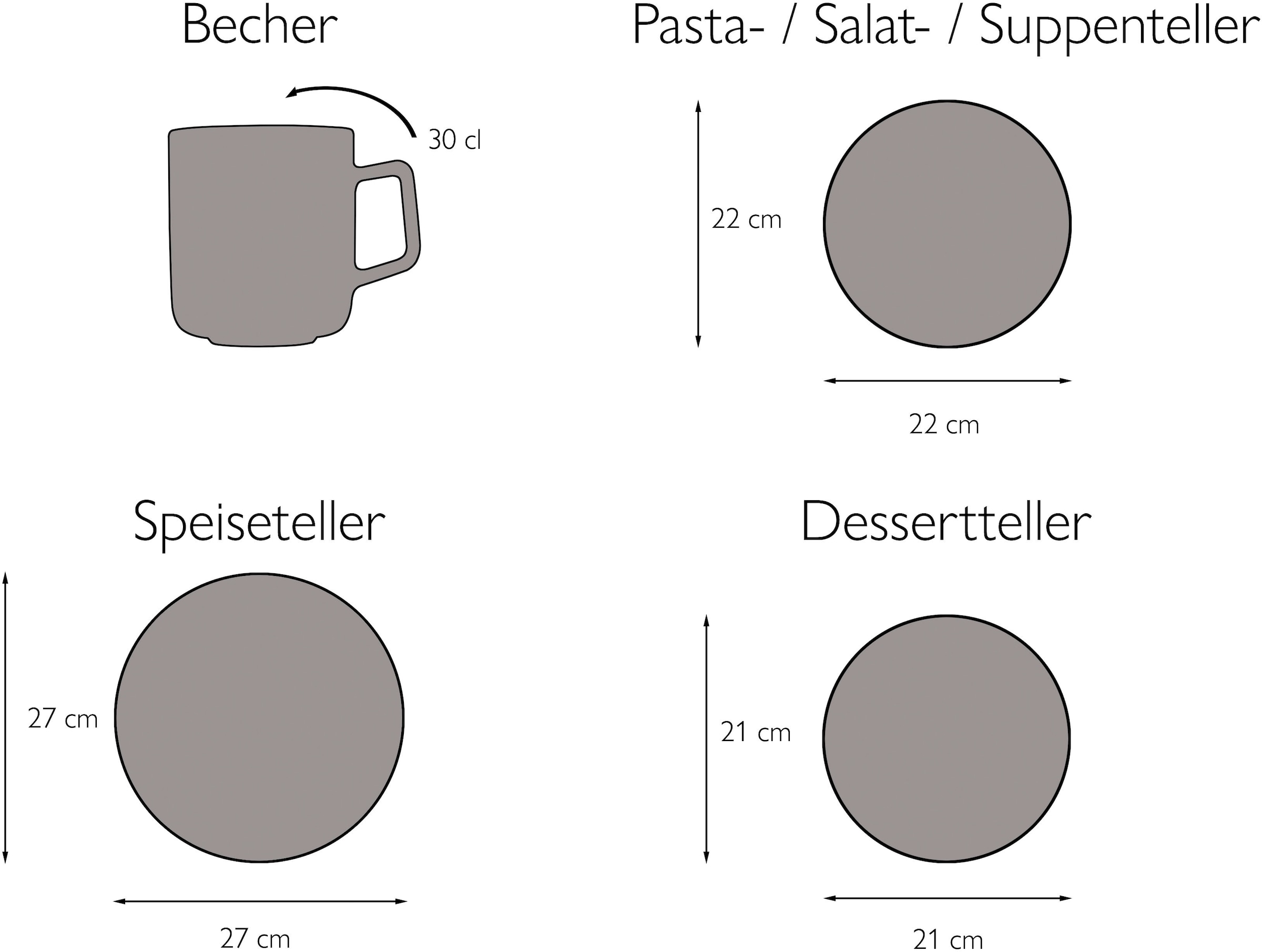 CreaTable Kombiservice »Geschirr-Set Vesuvio«, (Set, 16 tlg., Kaffeeservice und Tafelservice im Set, für 4 Personen), Service, schwarz, erhabenenes Relief, 16 Teile, für 4 Personen