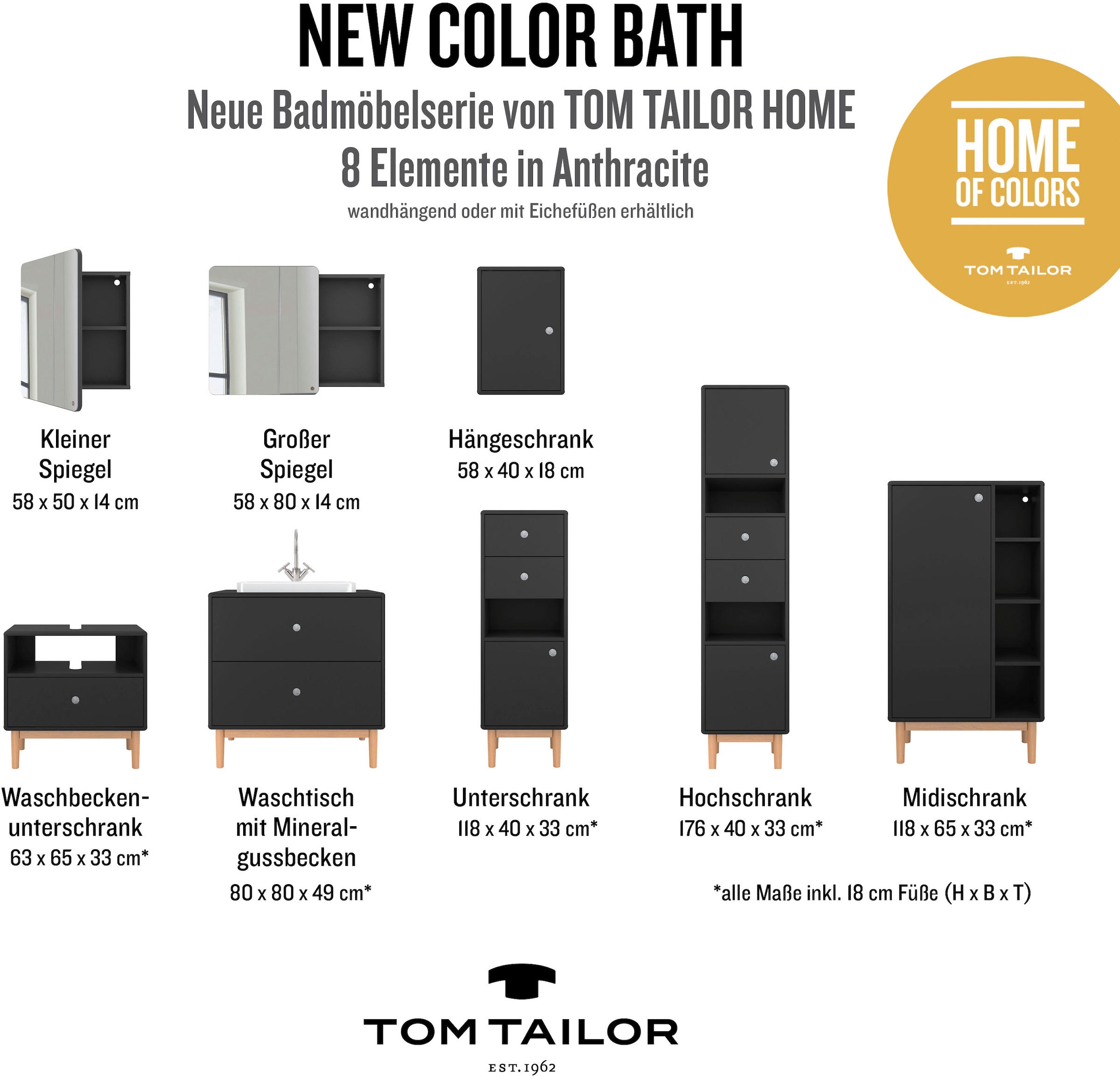 TOM TAILOR HOME Unterschrank »COLOR BATH«, mit 1 Tür & 2 Schubladen, mit Push-to-Open, Füße Eiche, Breite 40 cm