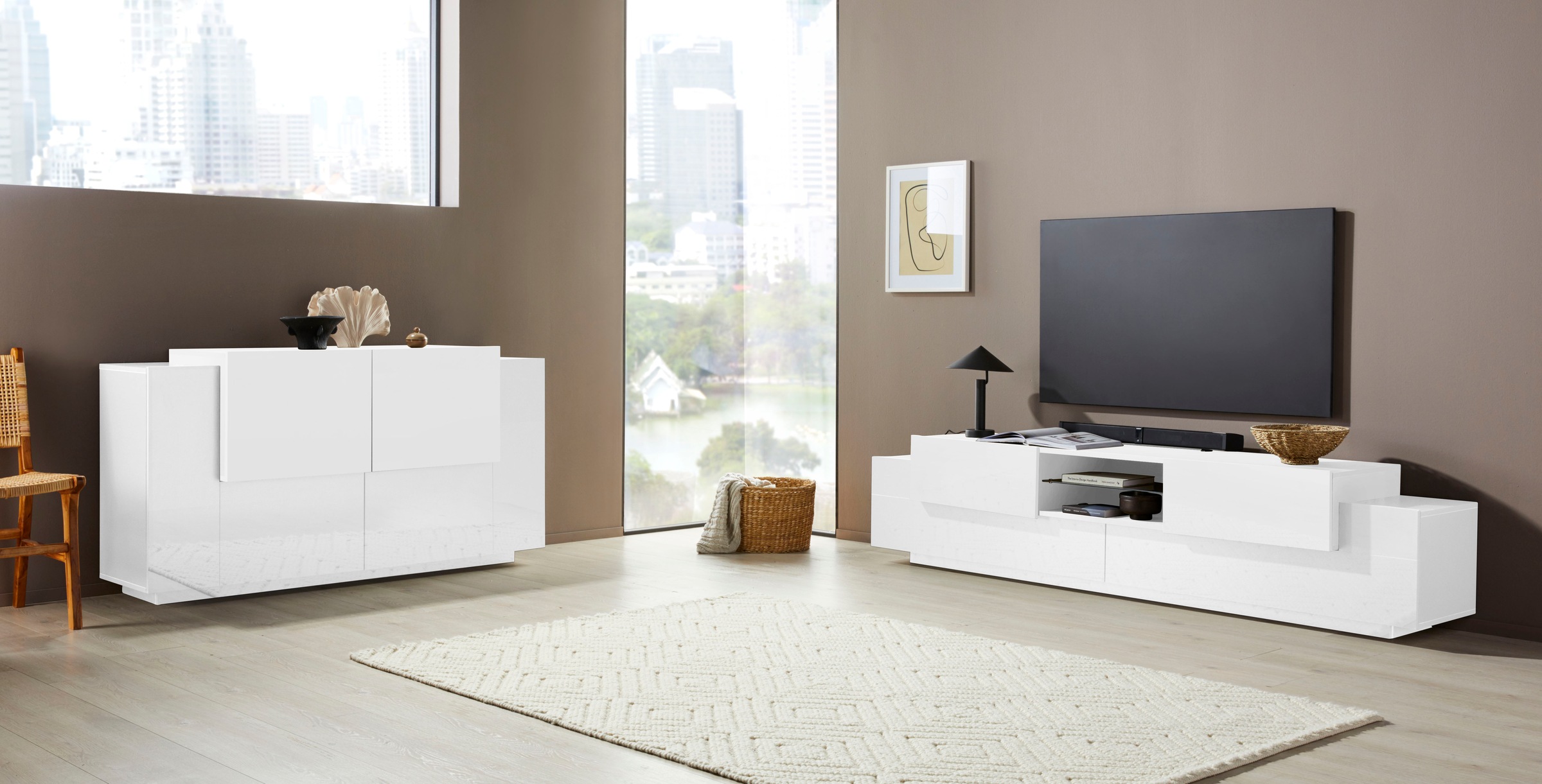 INOSIGN Lowboard »Coro,Lowboard,TV-Kommode,TV-Möbel,TV-Bank«, mit 2 Klappen, 2 Türen, 1 Glasboden, Breite 220
