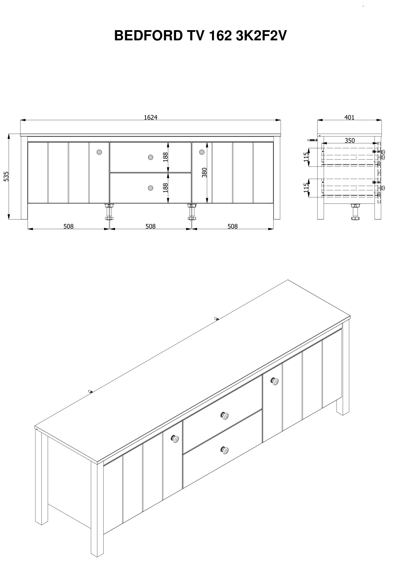 Home affaire Lowboard »BEDFORD, TV-Board, TV-Kommode, TV-Schrank, TV-Möbel im Landhausstil« MDF-Profil, 2 Türen, 2 Schubladen und 2 Fächer mit Metallgriffen
