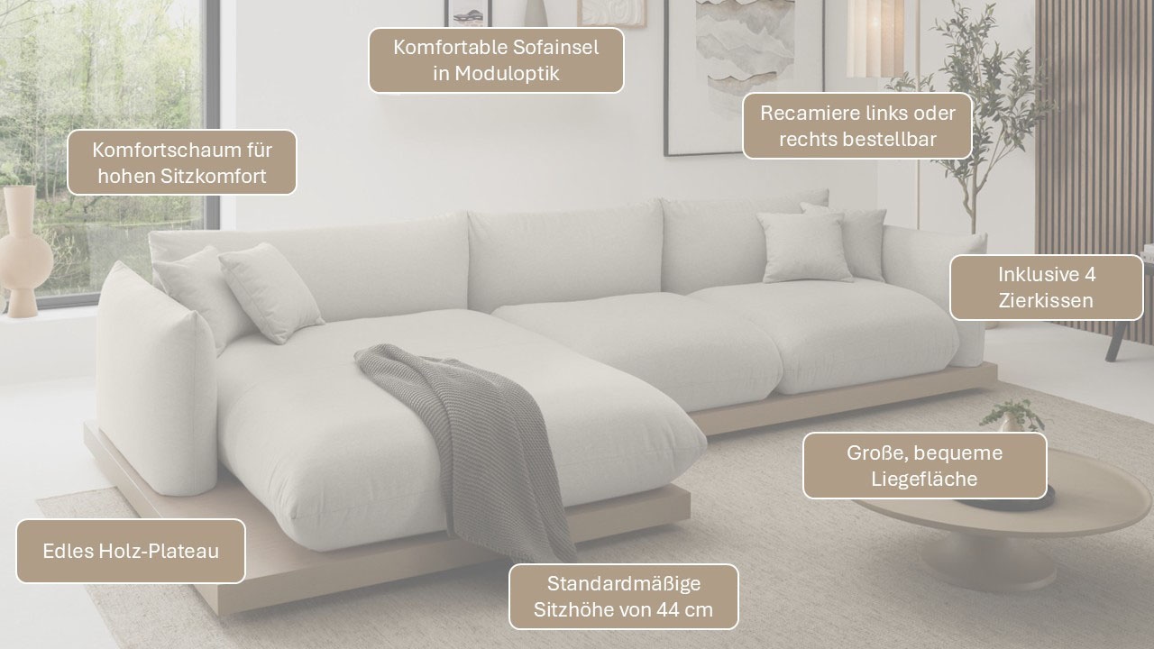 OTTO home Ecksofa »Kalix, Polsterecke mit kräftigem Holz-Plateau, moderne Couch in L-Form« wahlweise Recamiere links o. rechts, Strukturstoff, hoher Sitzkomfort