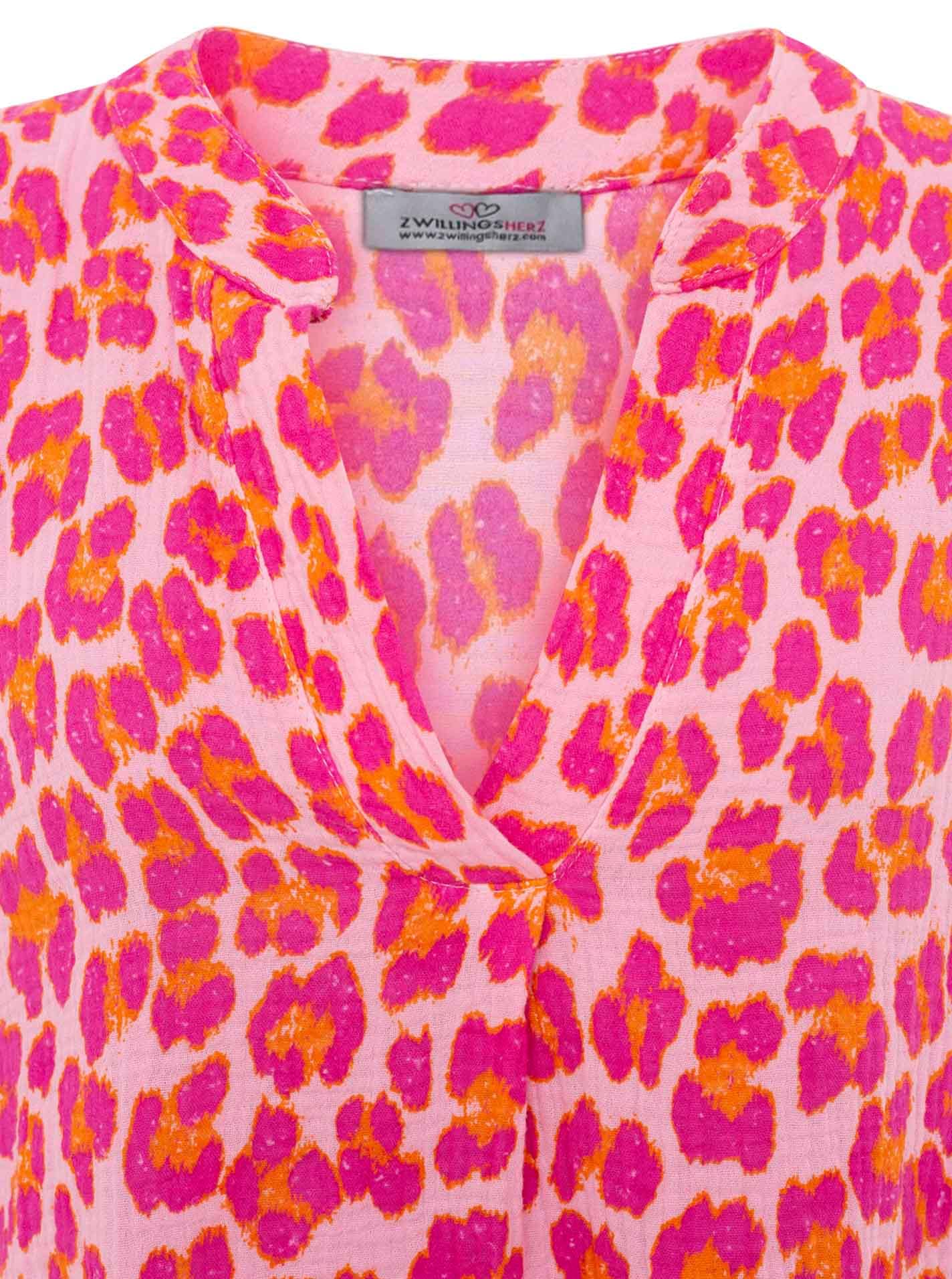 Zwillingsherz Blusentop »"Rom"« Turn-Up Ärmel, V-Neck. Leo-Muster, Musselin