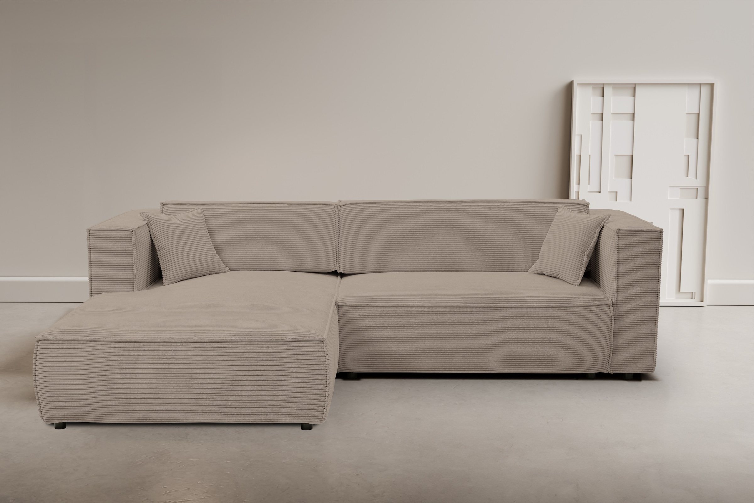 WERK2 Ecksofa »Atlanta-New, modernes Design, Stellmaße 295x182 cm, L-Form, Kedernaht« hoher Komfort, Schlaffunktion & Bettkasten, Cord, Greige