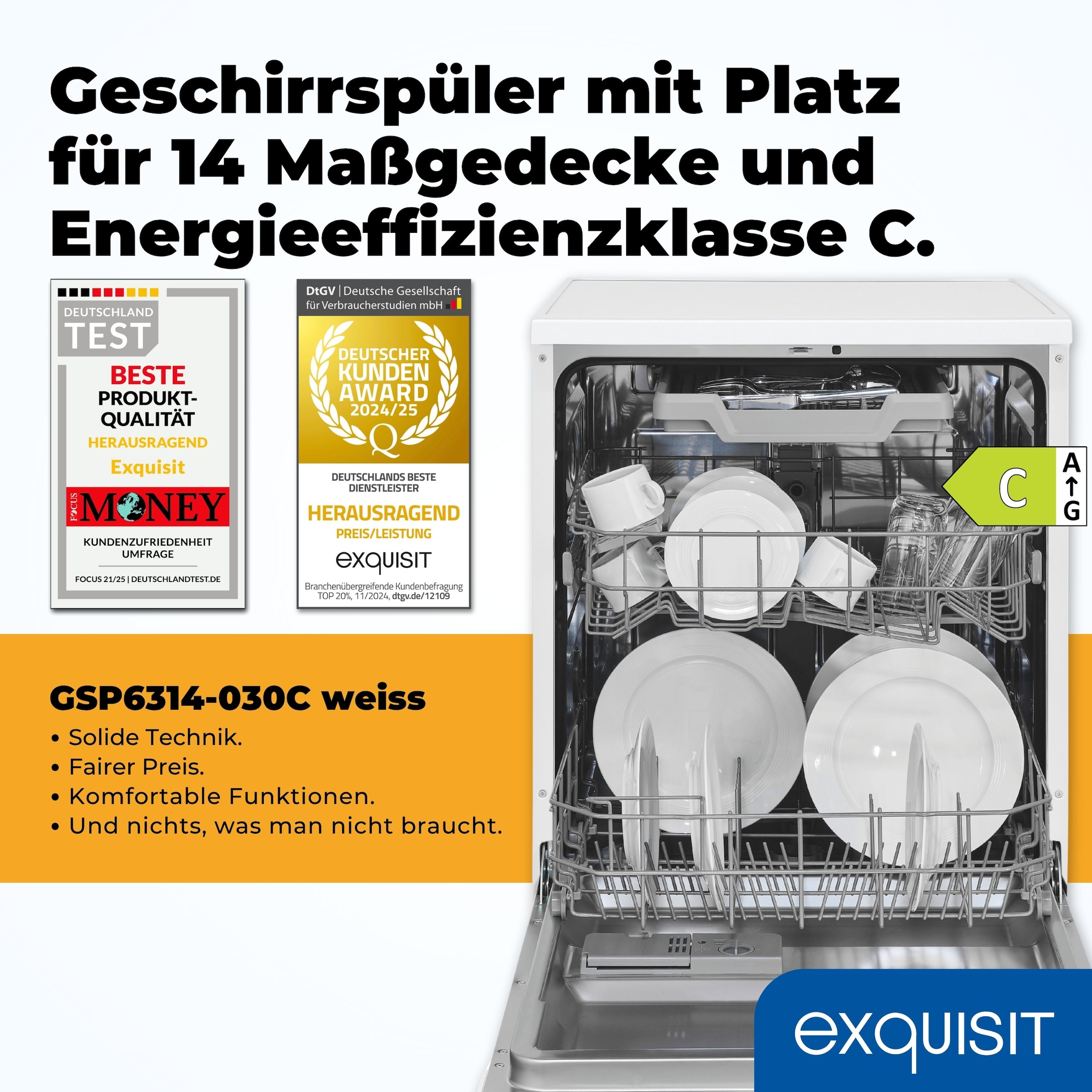 exquisit Standgeschirrspüler 6314 »GSP6314-030C weiss« 10,2 l 14 tlg. Maßgedecke Effizient, leise, 14 Maßgedecke – smartes Spülen mit LED-Komfort