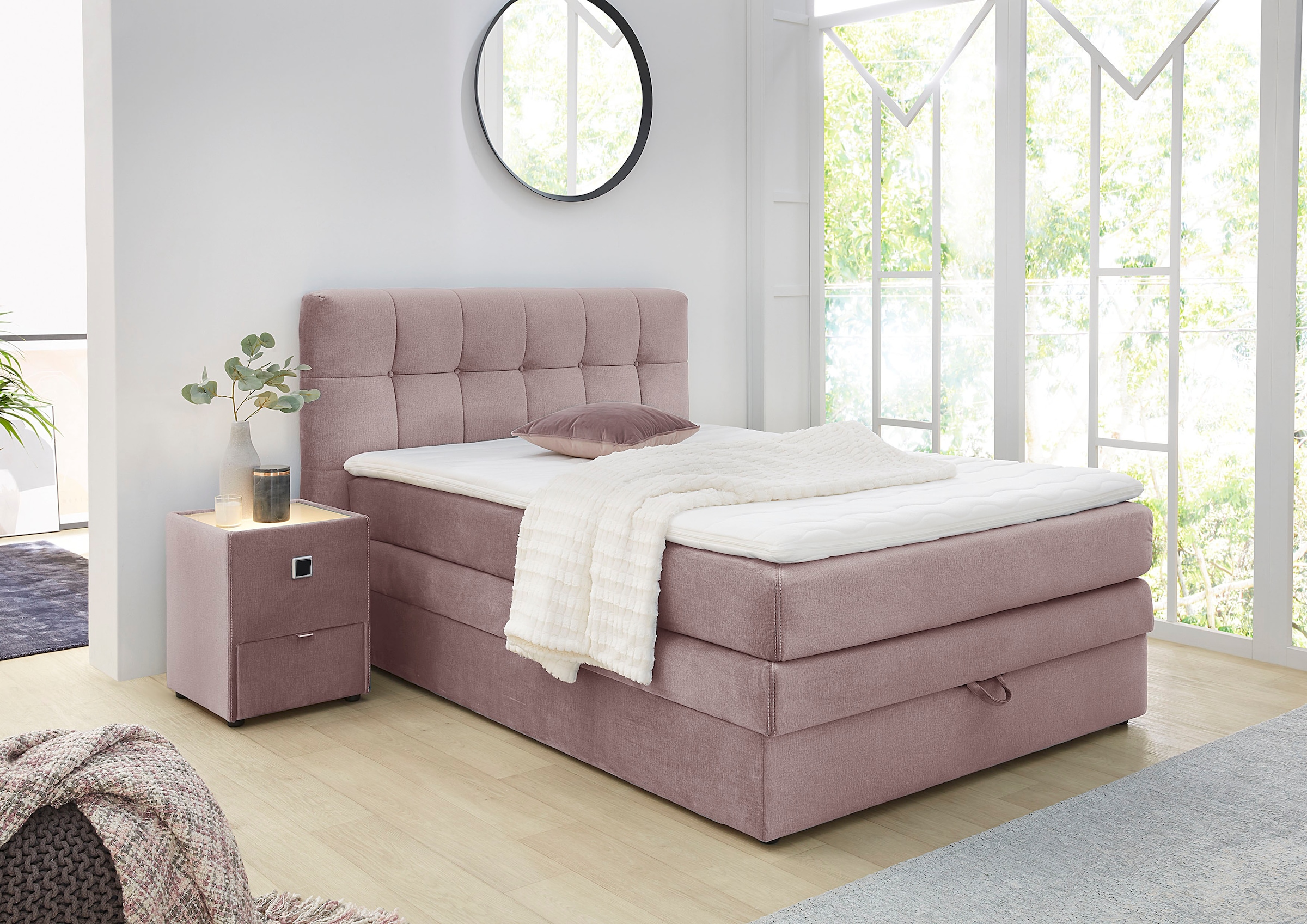 Jockenhöfer Gruppe Boxspringbett »AMY mit Bettkasten, inkl. Bonnell- oder Taschenfederkernmatratze H2-H4« mit 6 cm Kaltschaum-Topper, Samt-Bezug, 120x200 und 140x200 cm