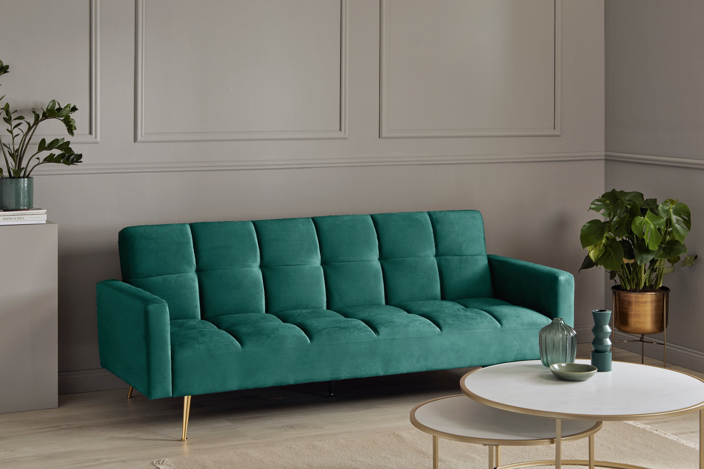 Jahnke Schlafsofa »CHILLAX POSH« mit Schlaffunktion, edler Samtstoff & Füße im Gold-Look, Breite 213 cm