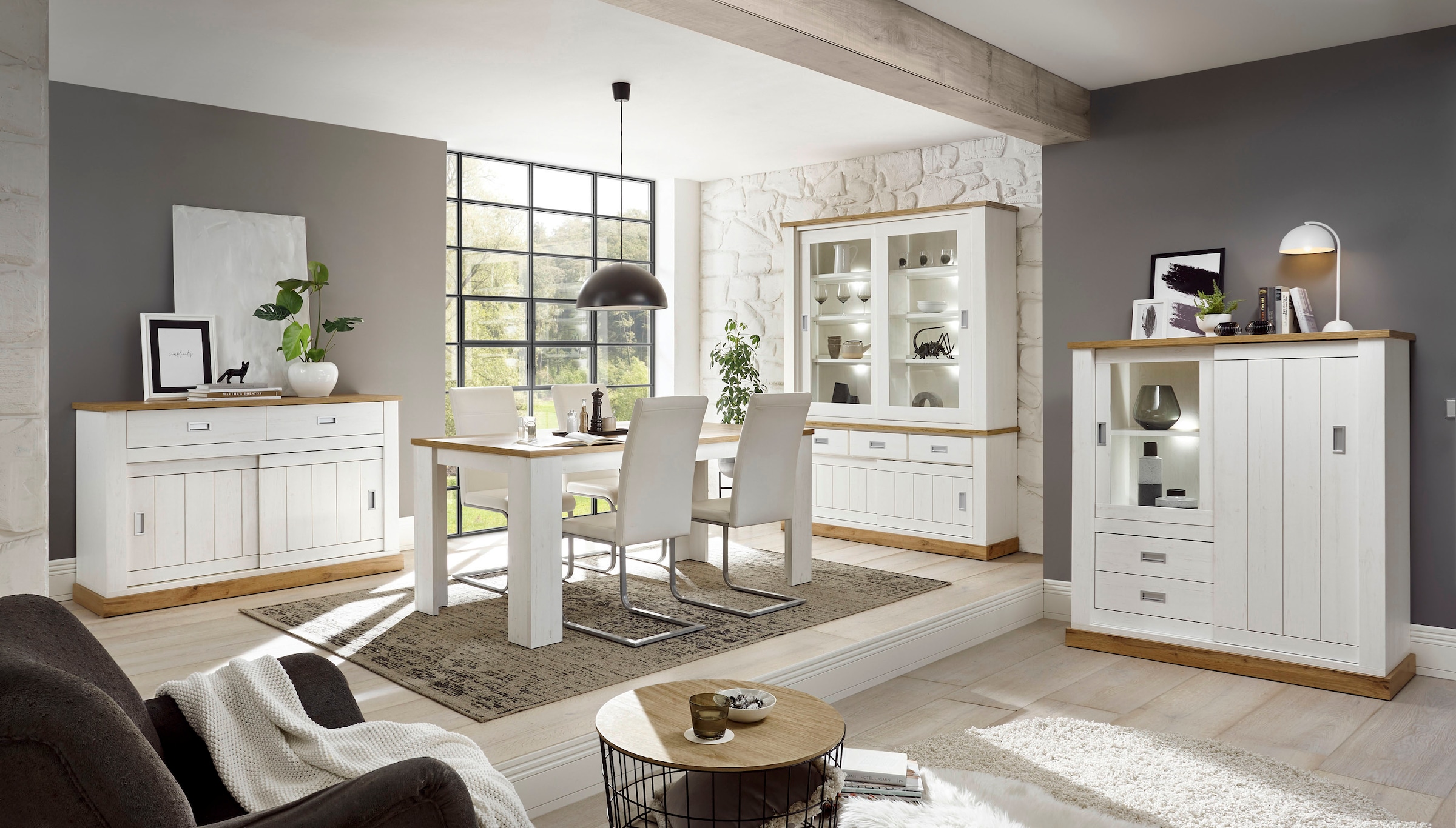 Home affaire Sideboard »Orlando, moderner Schrank, Kommode im Landhausstil«, 2 Schiebetüren & 3 Schubladen, silberne Griffmulden, 150 cm breit
