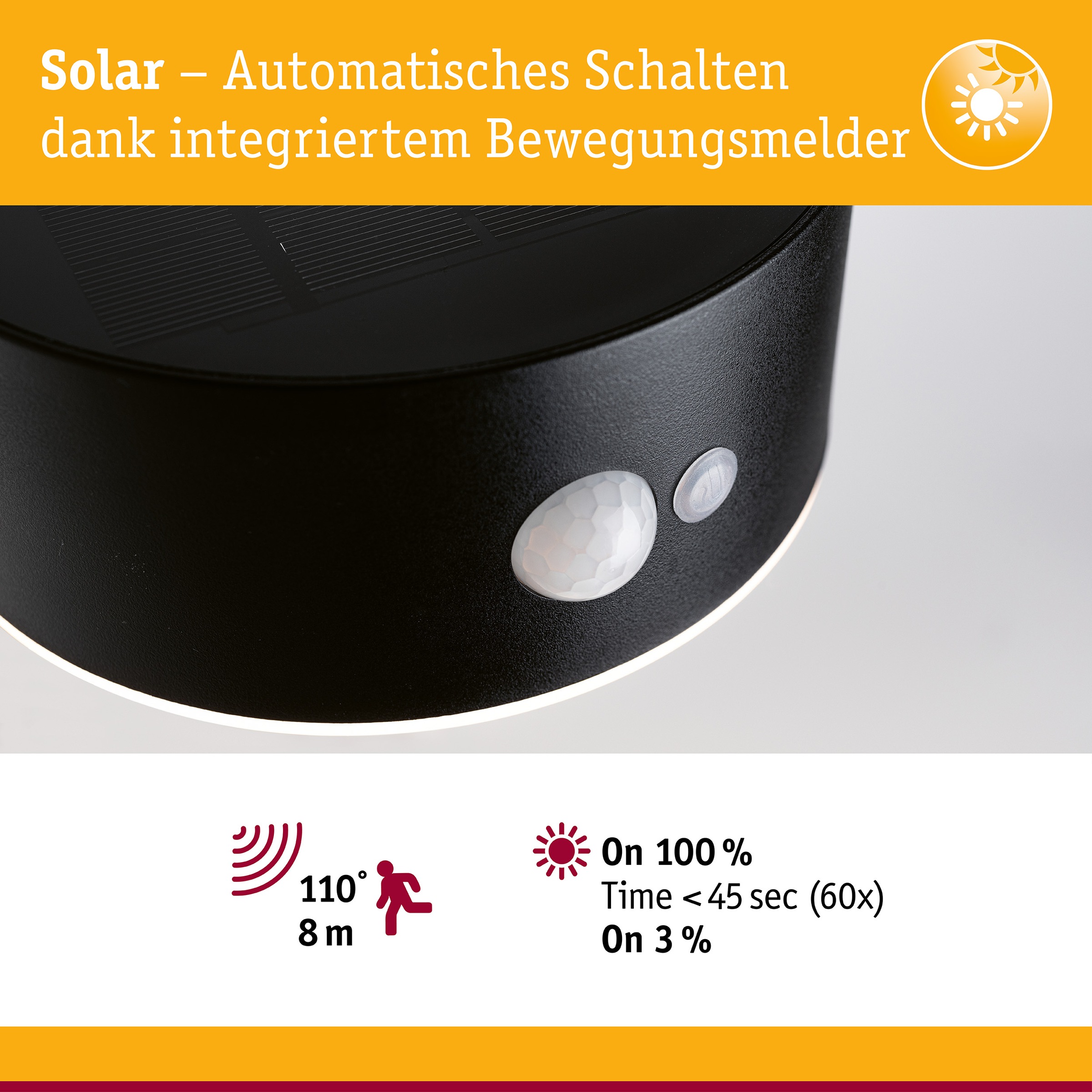 Paulmann LED Außen-Wandleuchte »Solar Eileen IP44 2200K 300lm Schwarz« 1 Stk. Warmweiß Bewegungsmelder insektenfreundlich