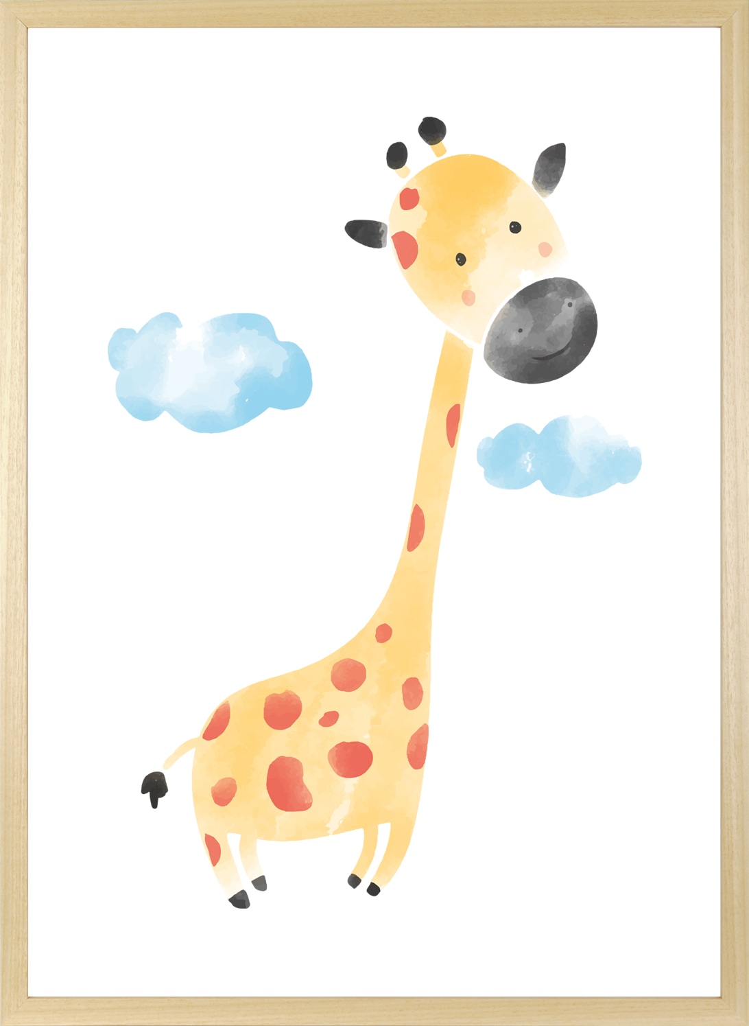 queence Bild mit Rahmen »Niedliche Giraffe«, Fantasy-Giraffe-Giraffen-Giraffen Bilder-Himmel-Himmelsbilder-Tiere-Wolken, (1 St.), HD Premium Posterdruck mit Echtholzrahmen