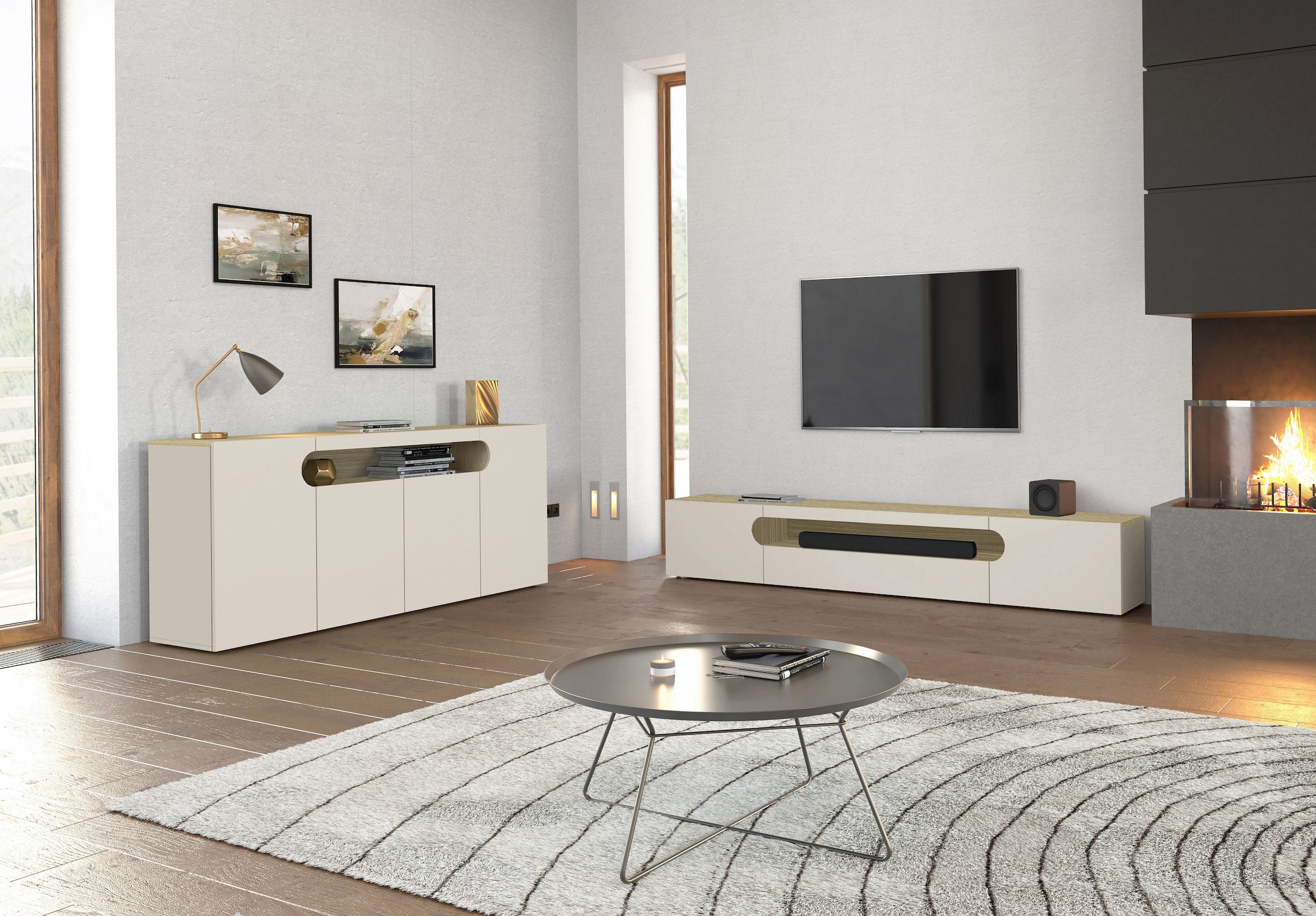 INOSIGN Lowboard »REAL TV-Möbel, 240 cm breit, 40/60 cm hoch, Hochglanz oder matt« mit 2 abgerundeten Türen, 1 Klappe, die ein ovales offenes Fach bilden